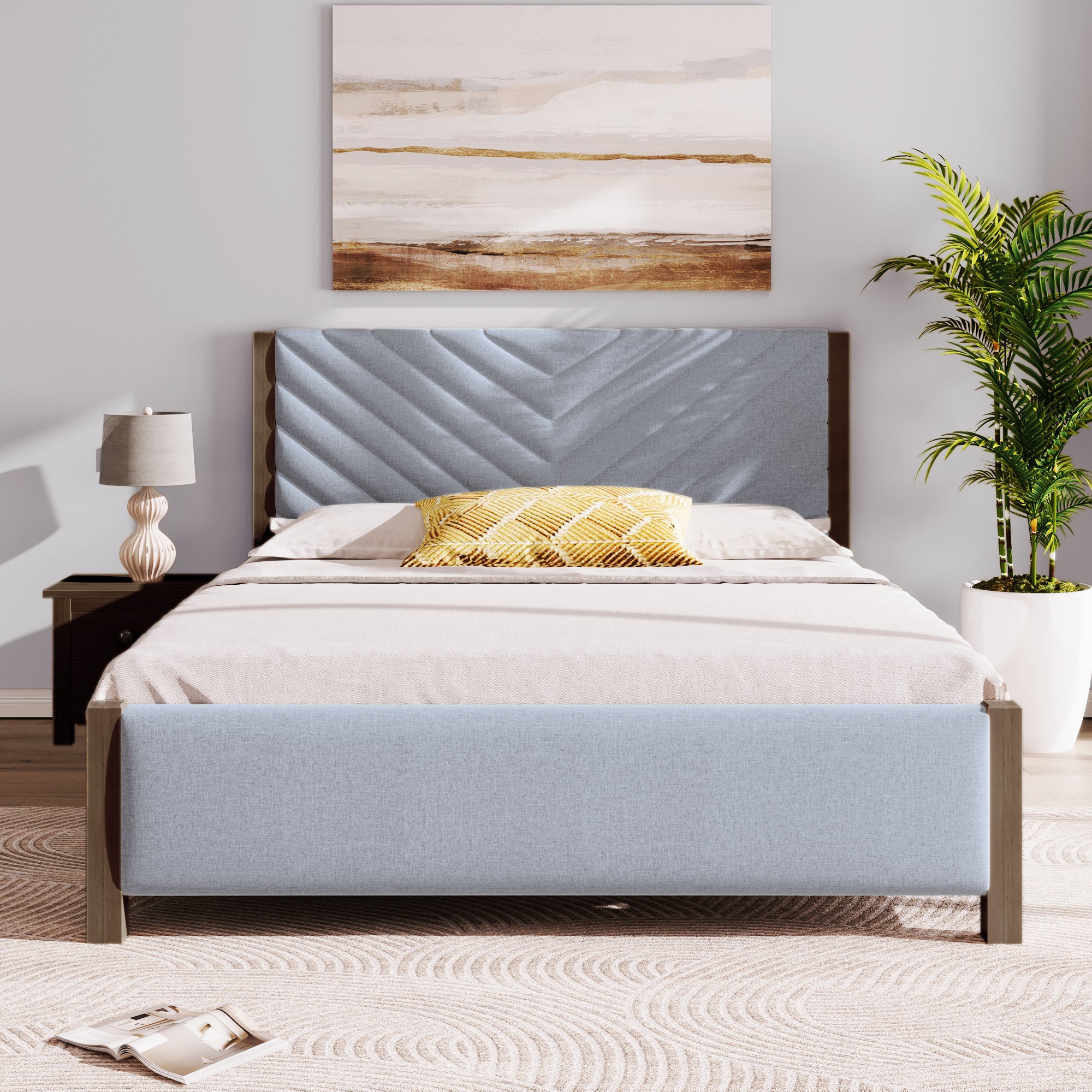 Modern Mid-Century Queen Upholstered Platform Bed Frame with Tufted Headboard and Solid Wood Legs,No Box Spring Needed,Gray--1