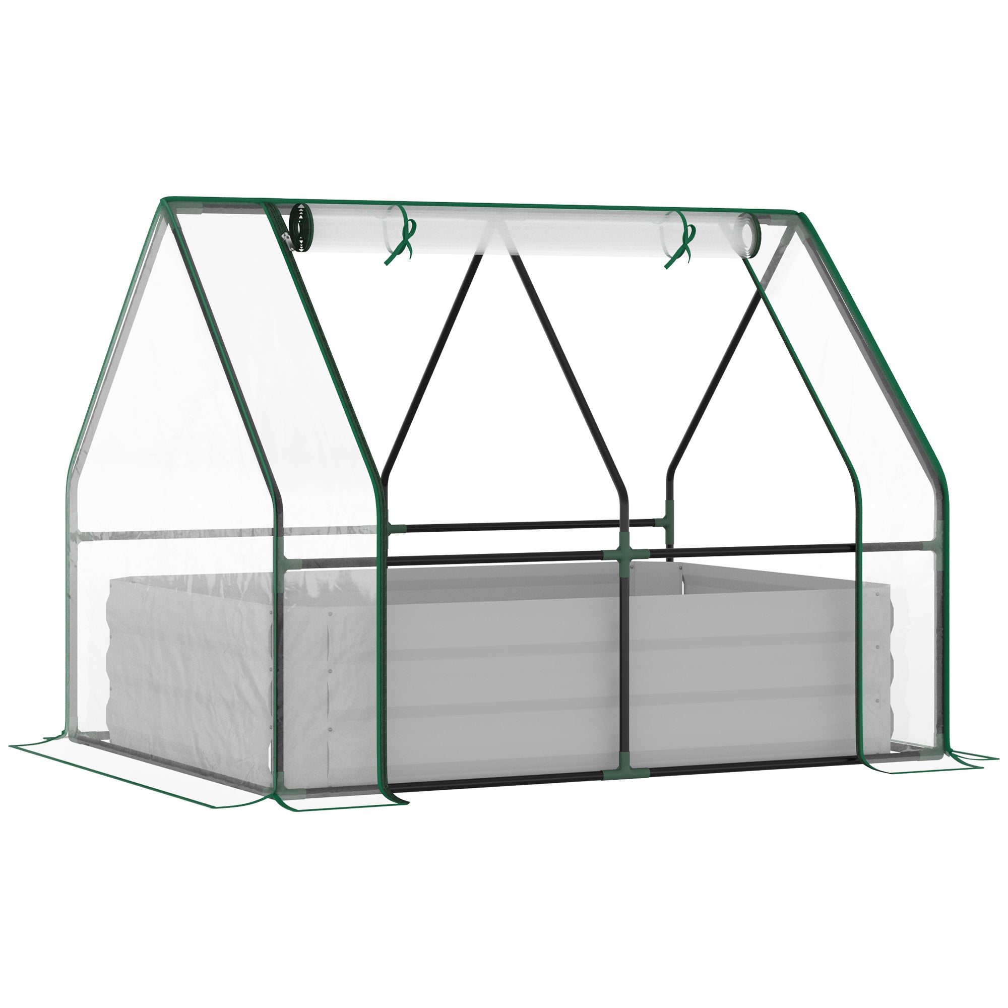 Outsunny 4' x 3' Galvanized Raised Garden Bed with Mini PVC Greenhouse Cover, Outdoor Metal Planter Box with 2 Roll-Up Windows for Growing Flowers, Fruits, Vegetables and Herbs, Clear--1