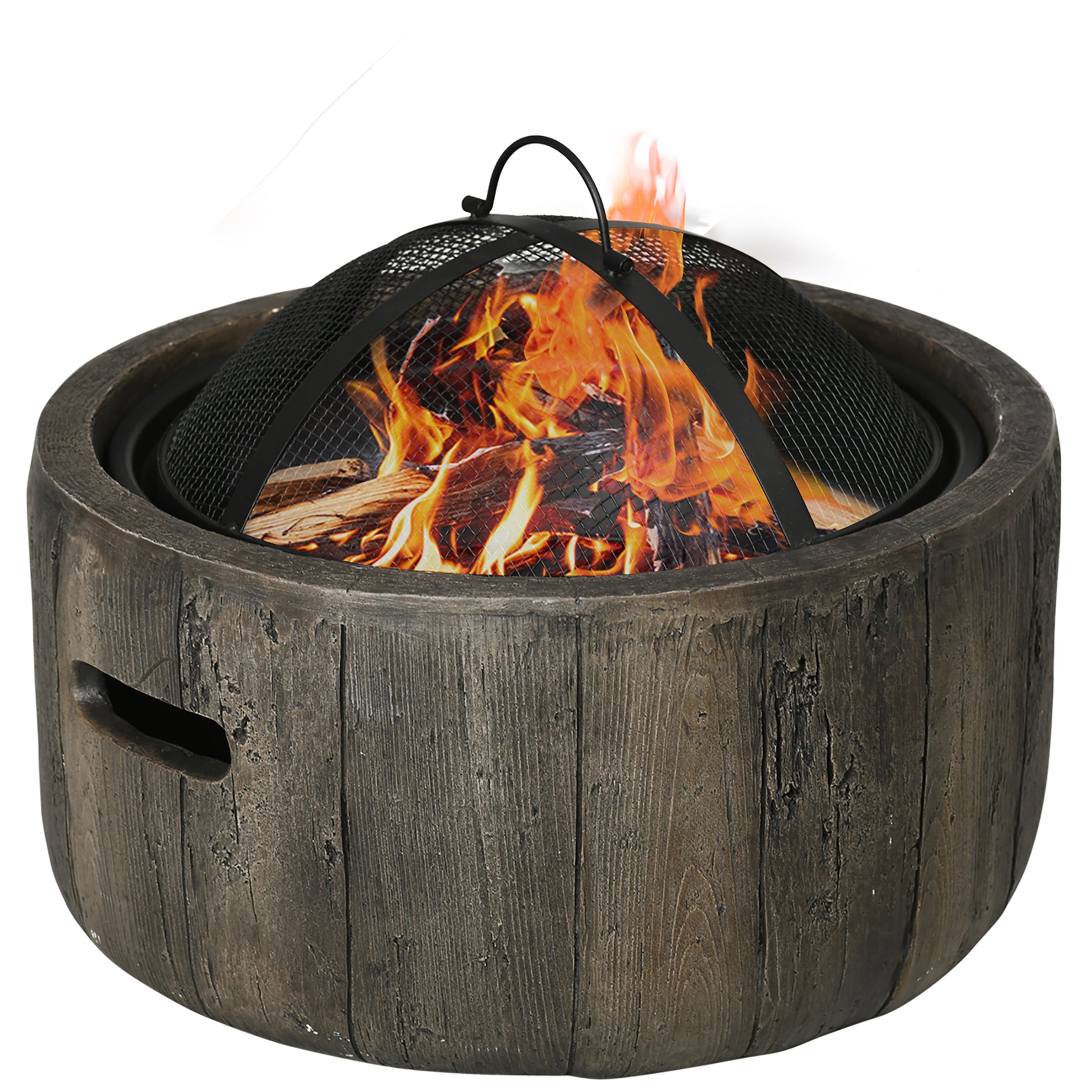 Outsunny Outdoor Fire Pit, 18 Inch Metal Wood Burning Fireplace with Spark Cover, Poker, Woodgrain Design for Patio, Picnic, Backyard, Dark Brown--1