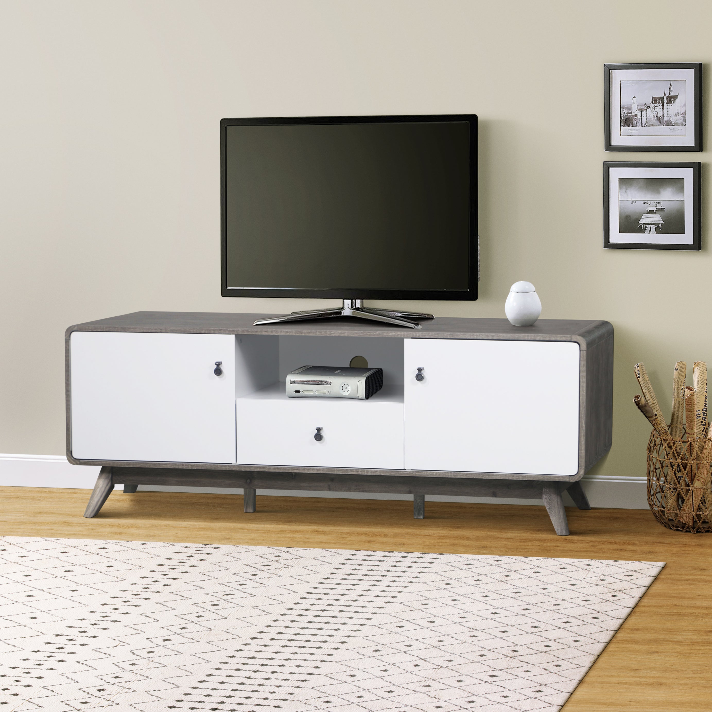 TV Stand : Contemporary Two-Tone Gray Oak and White Media Console - Spacious Modern TV Stand with Storage, Ideal for Living Room Entertainment Center, Fits up to 85 inch TVs--1