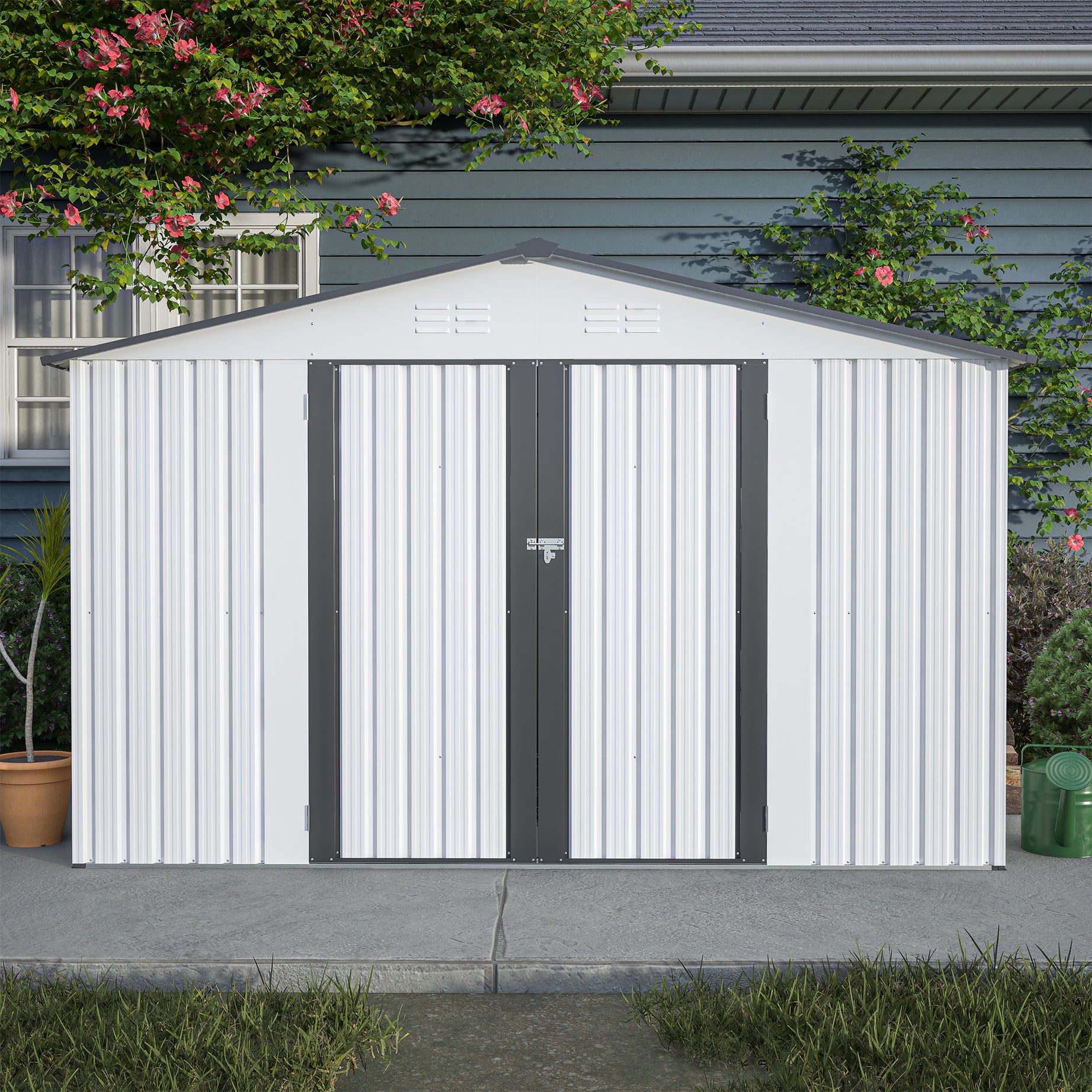 10X8 FT Outdoor Storage Shed, All Weather Metal Sheds with Lockable Doors, Tool Shed for Garden, Patio, Backyard, Lawn, Grey--1