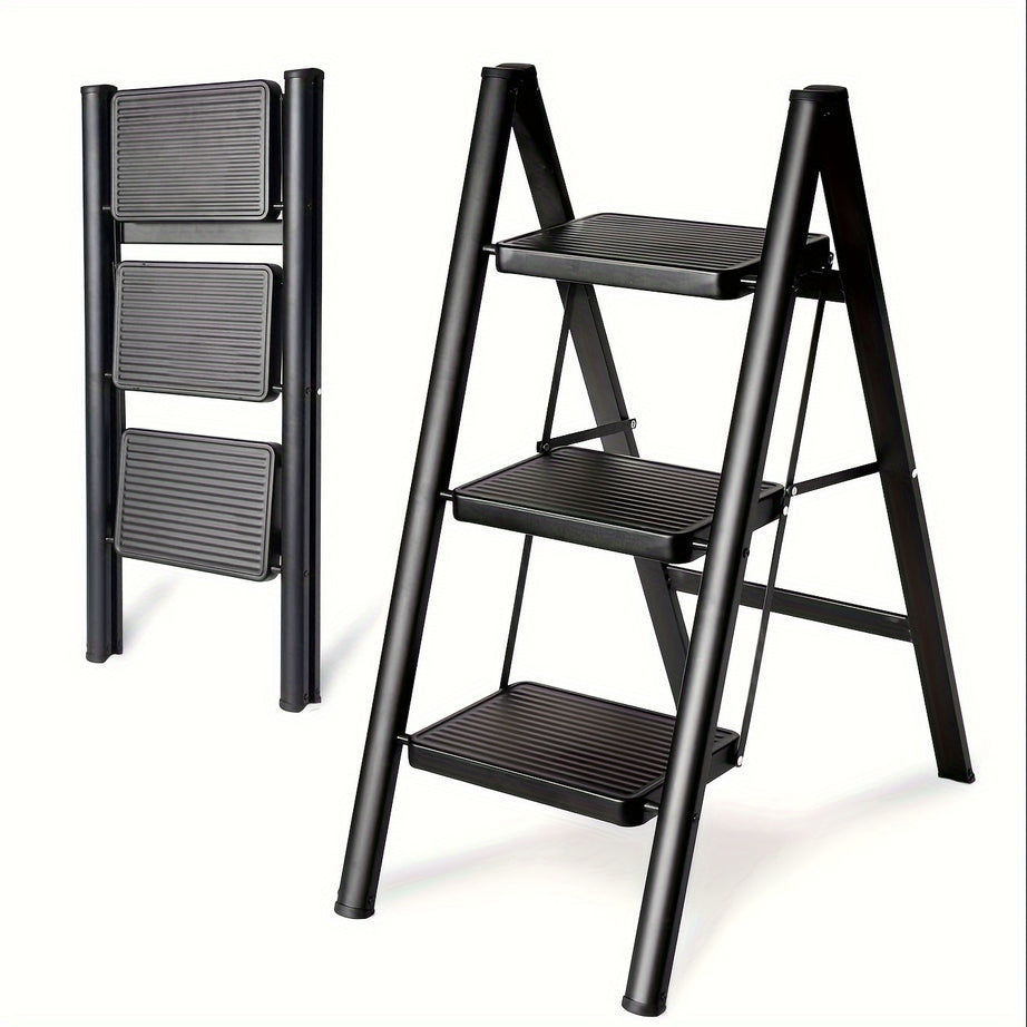 3 Step Ladder Aluminum Light Folding Step Bench Wide Non slip Pedal 300 lb Capacity Home Office Portable Ladder black--1