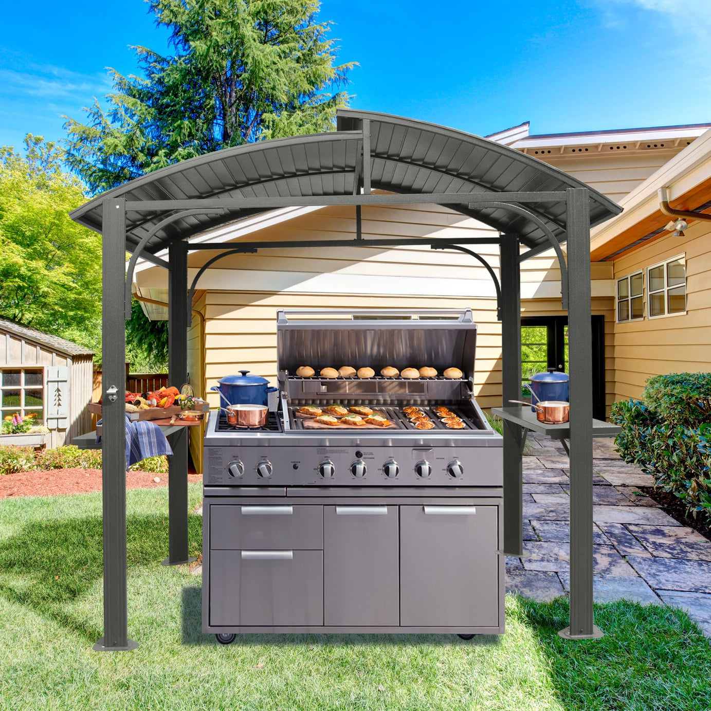 8x5FT  Arc Roof, Grill Canopy for Outdoor Grill w/Double Galvanized Steel Roof and 2 Side Shelves, BBQ Gazebo Grill Tent for Patio Garden Backyard, Grey--1