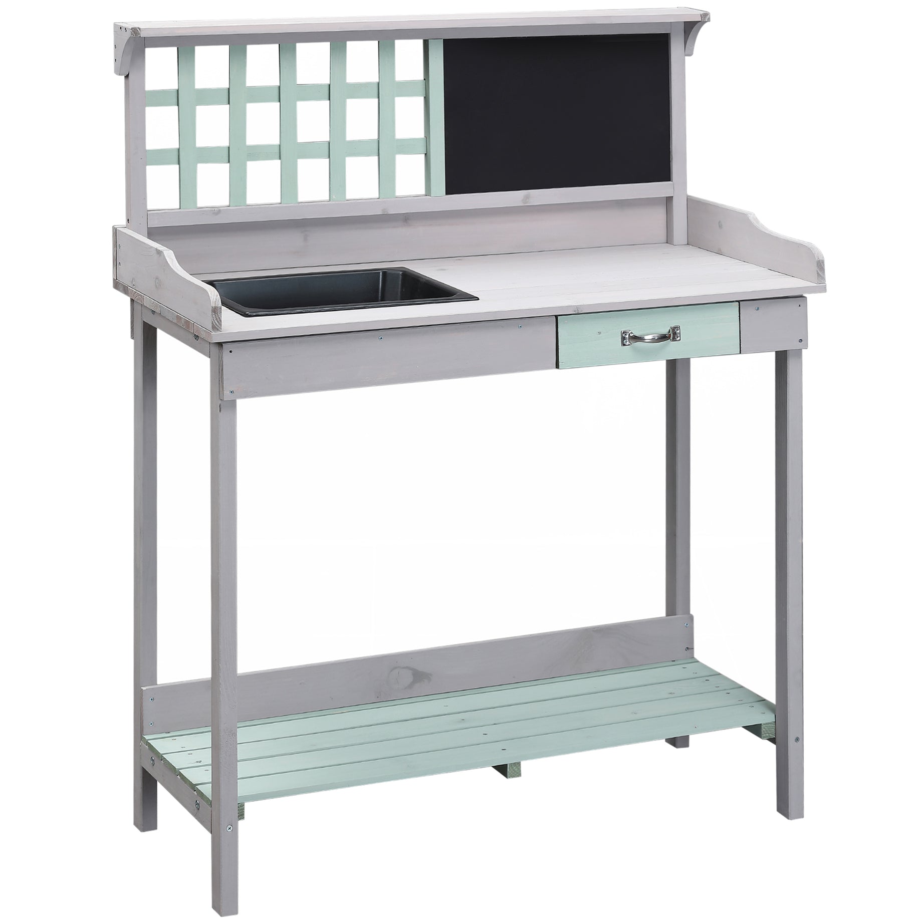 Outsunny Outdoor Wooden Potting Bench Table with Removable Sink, Garden Work Bench with Chalkboard, Drawer, Open Shelf Storage, Light Gray--1