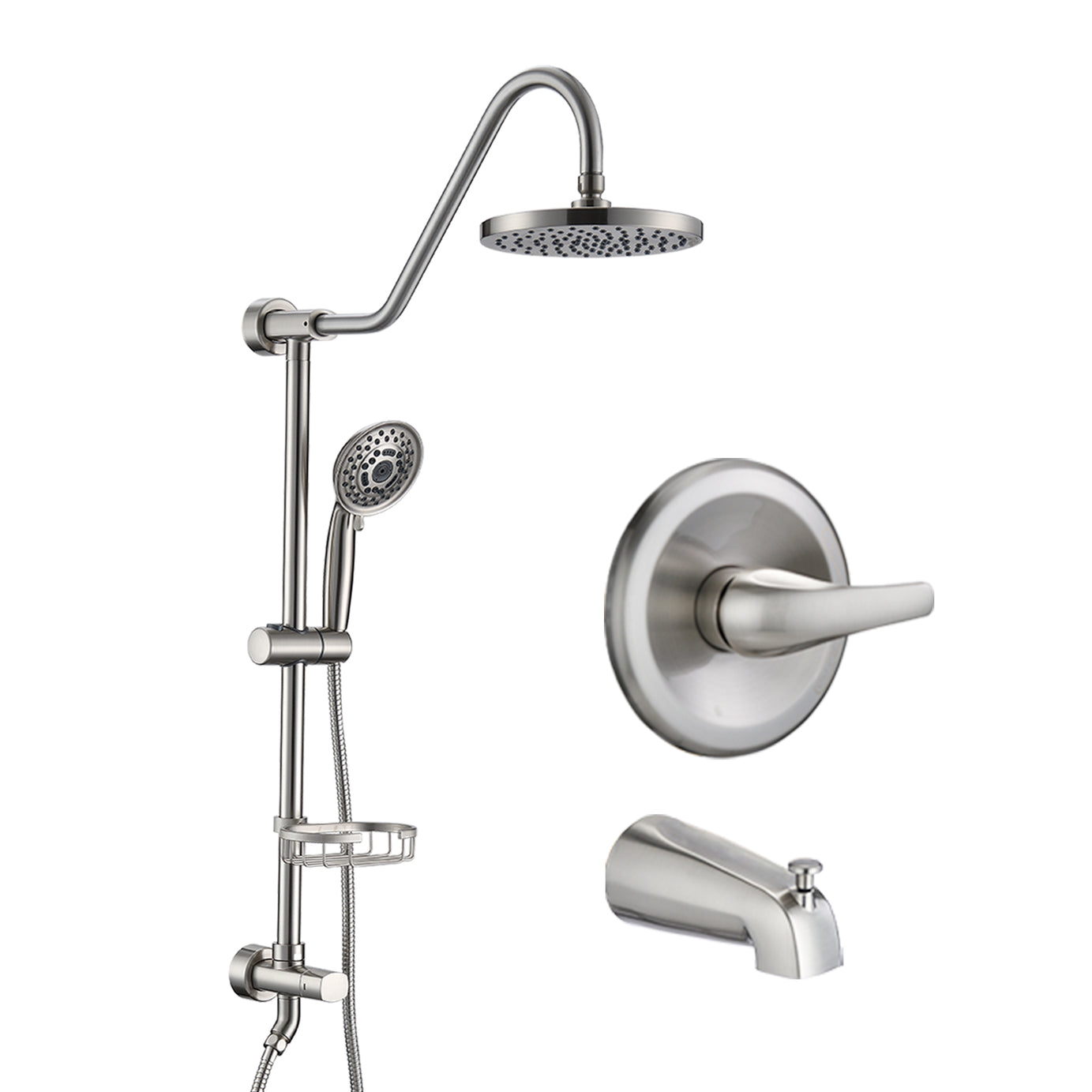 Brushed Nickel  7.8" Rain Shower and Handheld Shower System with Slide Bar and Tub Spout, 2-in-1 Tub Set--1