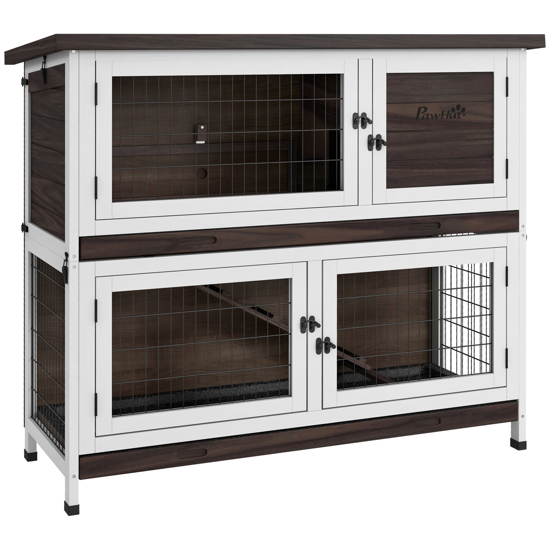 PawHut Rabbit Hutch, Outdoor 2-Tier Rabbit Cage, 46" Wooden Guinea Pig Cage with Double Removable Trays, Ramp, Asphalt Roof for 1-2 Rabbits, No Screws Easy Installation, Brown--1