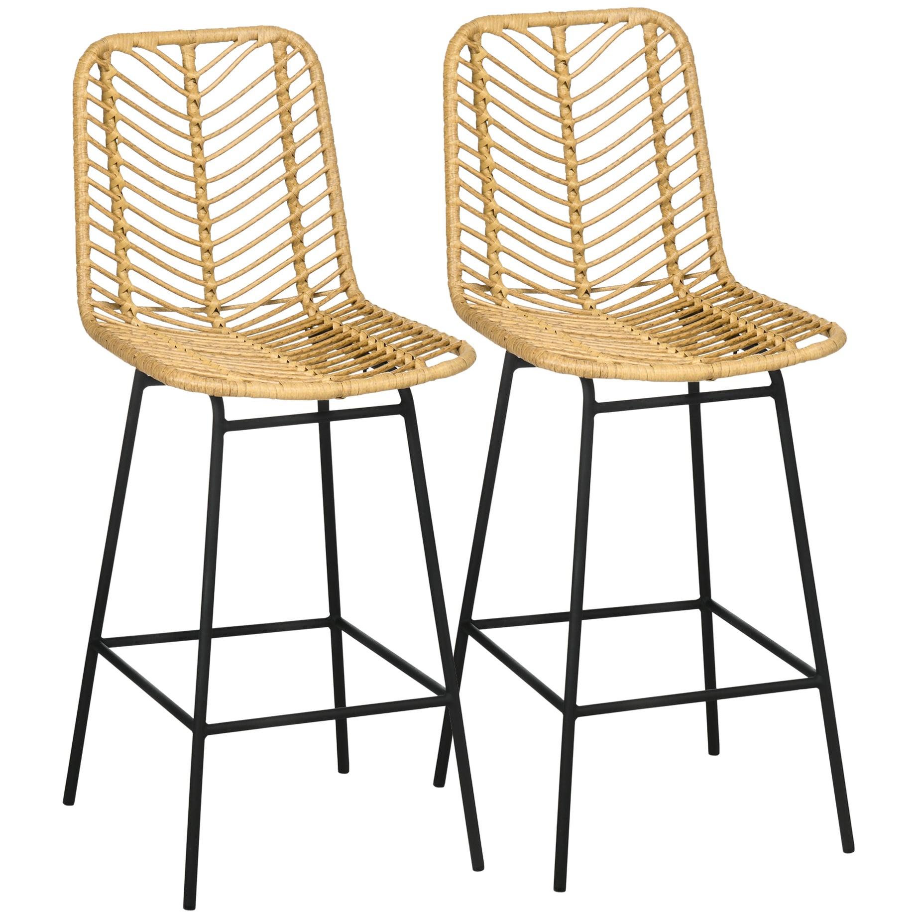 HOMCOM Rattan Bar Stools Set of 2, 26" Counter Height Barstools, Boho Kitchen Island Stools with Breathable Wicker Seat and Back, Yellow--1