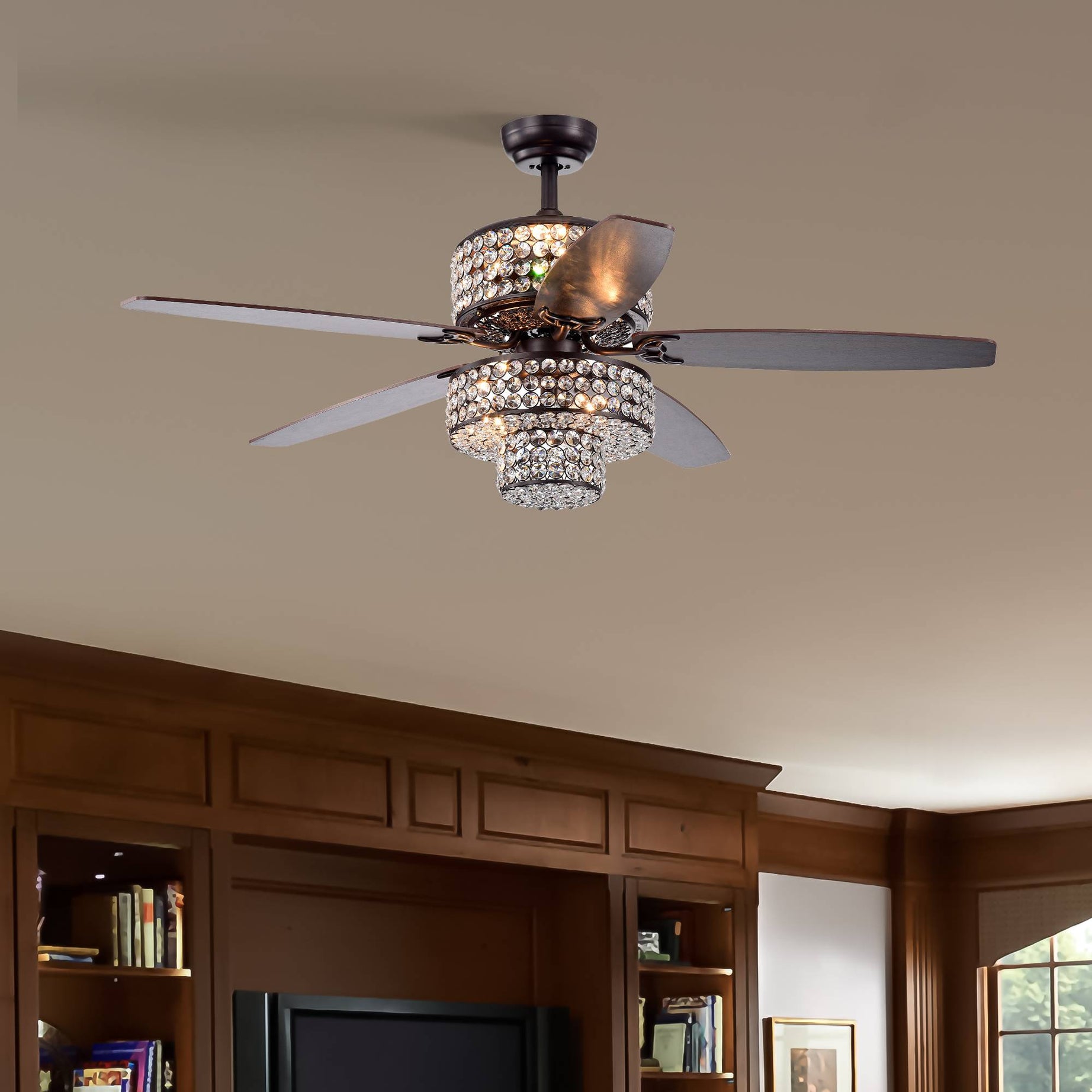 52-in Farmhouse Dual Crystal Shade 5-Blade Reversible Ceiling Fan with Light Kit and Remote 3 Speed (High, Mid, Low)--No Include Bulb--1