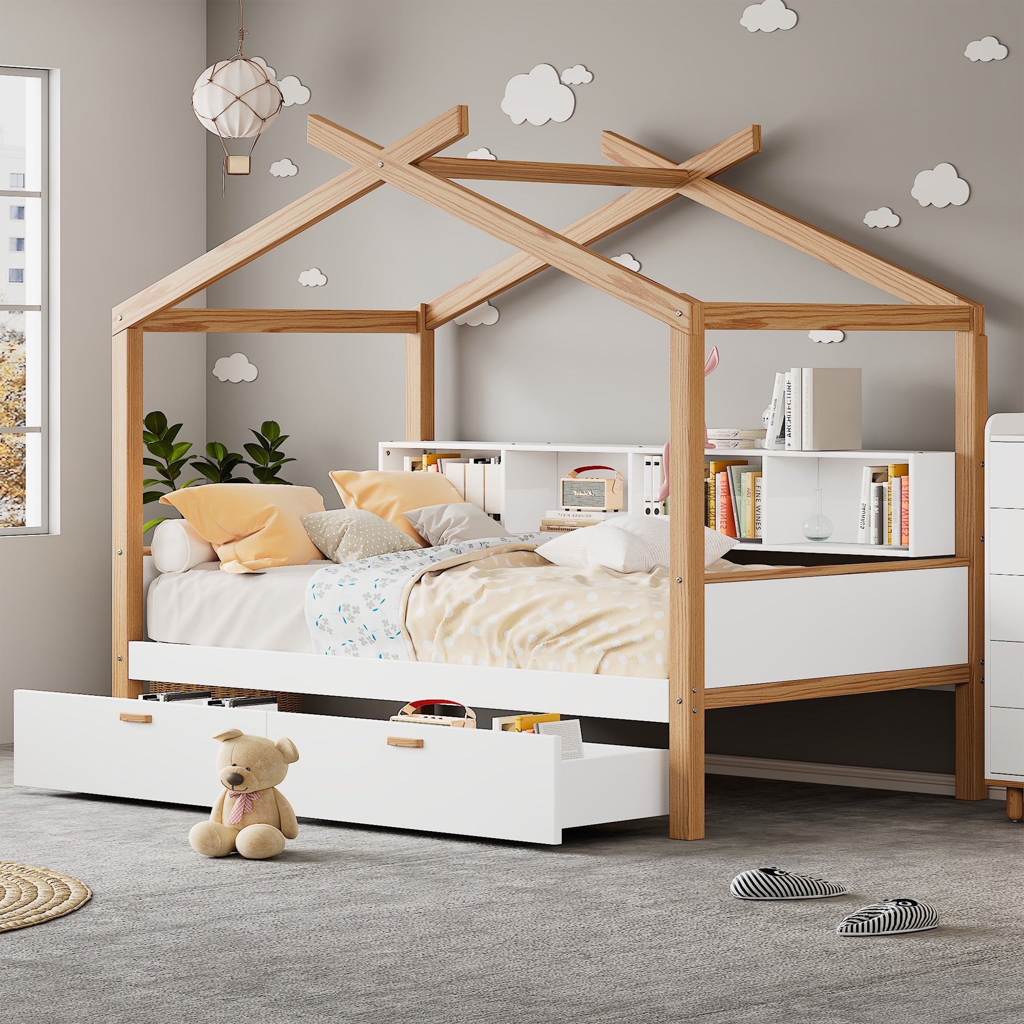 White Twin Size Wooden House Bed Original Wood Colored Frame with Two Drawers and Bookshelf Storage Space for Children or Guest Room--1