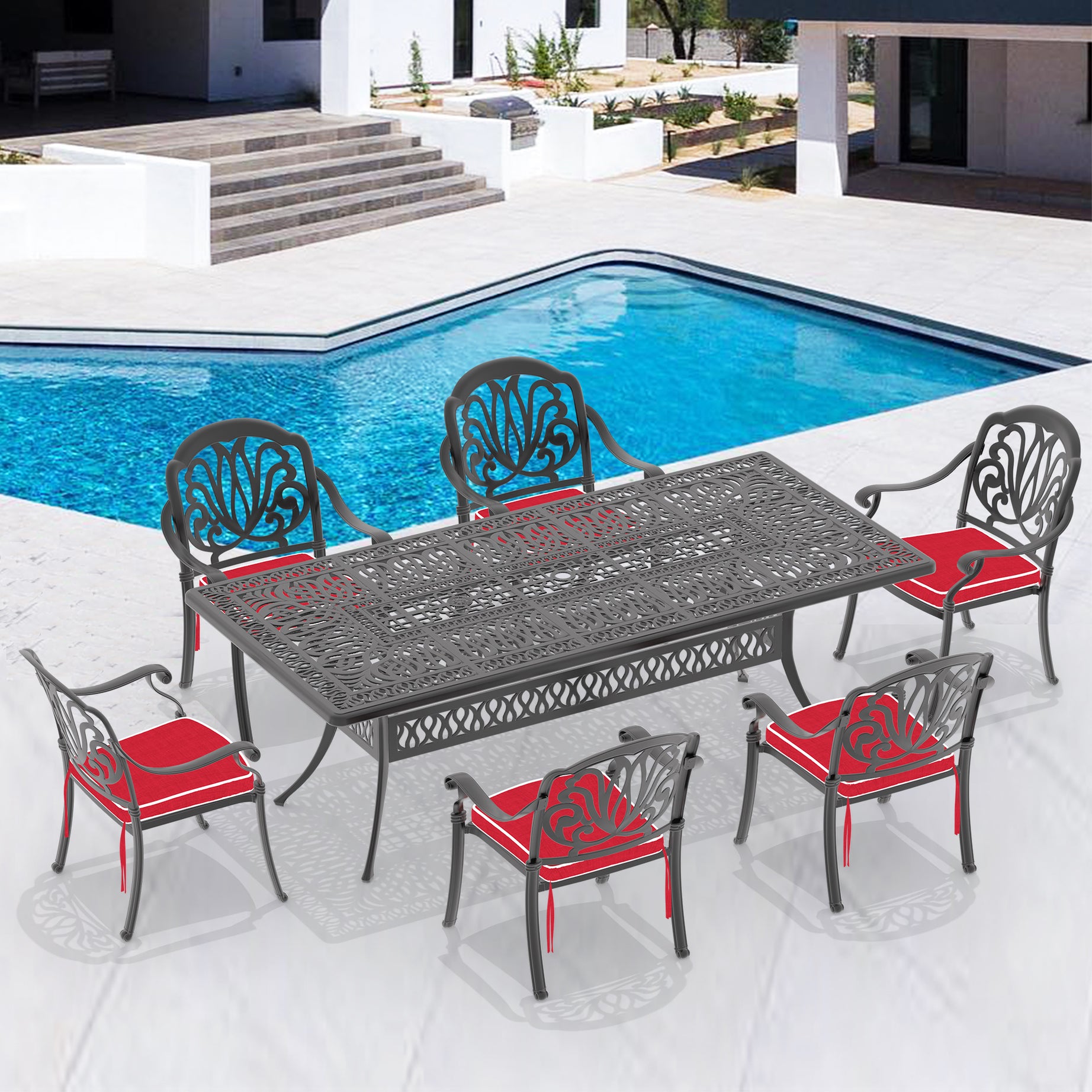 (Cushions In  Random Colors)7-Piece Set Of Cast Aluminum Patio Furniture With  Cushions--1