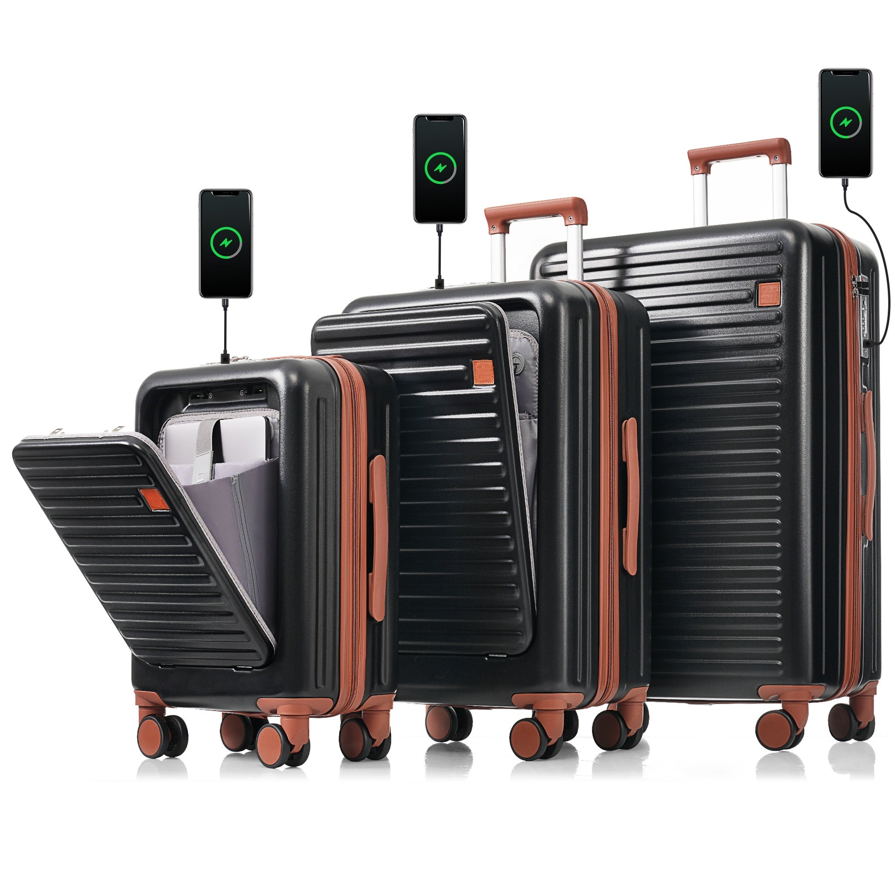 Luggage Set of 3, 20, 24, 28inch with USB Port, 20, 24inch with front opening design Airline Certified Carry on Luggage with Cup Holder, ABS Hard Shell Luggage with Spinner Wheels, black and brown--1