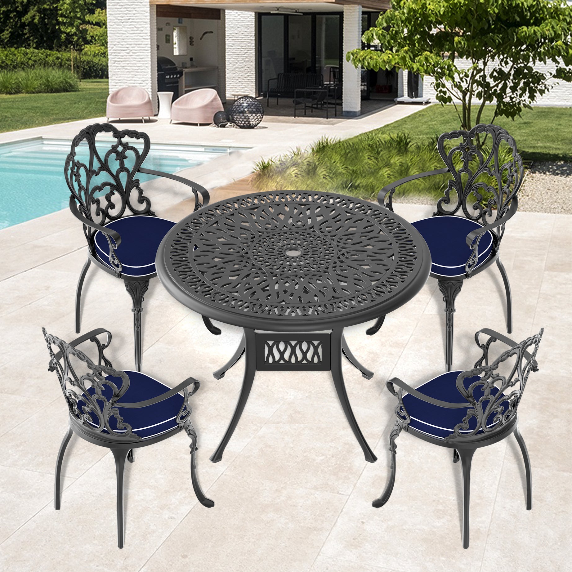 (Cushions In  Random Colors)5-Piece Set Of Cast Aluminum Patio Furniture With  Cushions--1