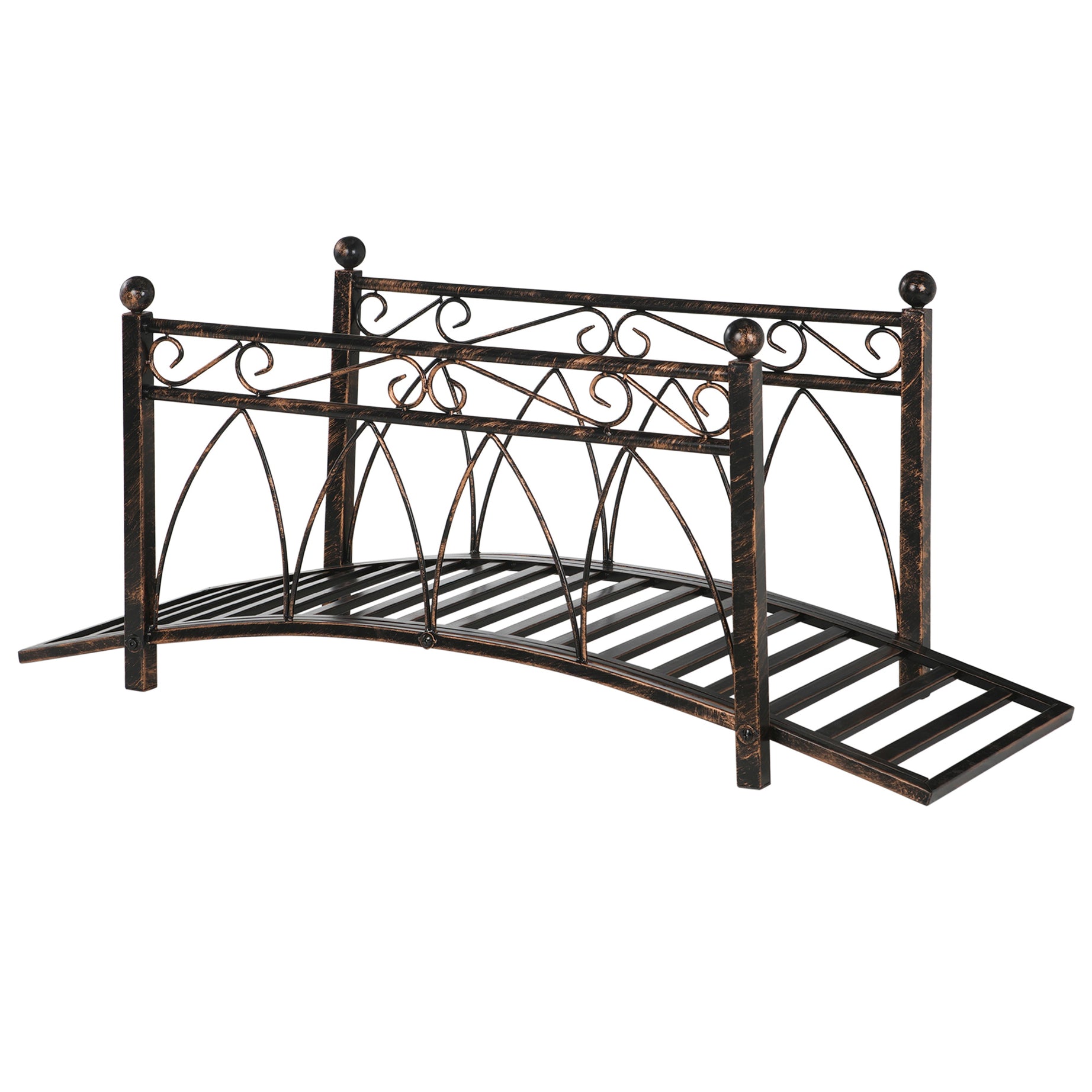 Outsunny 3.3' Metal Arch Zen Garden Bridge with Safety Siderails, Decorative Footbridge, Delicate Scrollwork & Corner Spheres for Stream, Fish Pond, Bronze--1