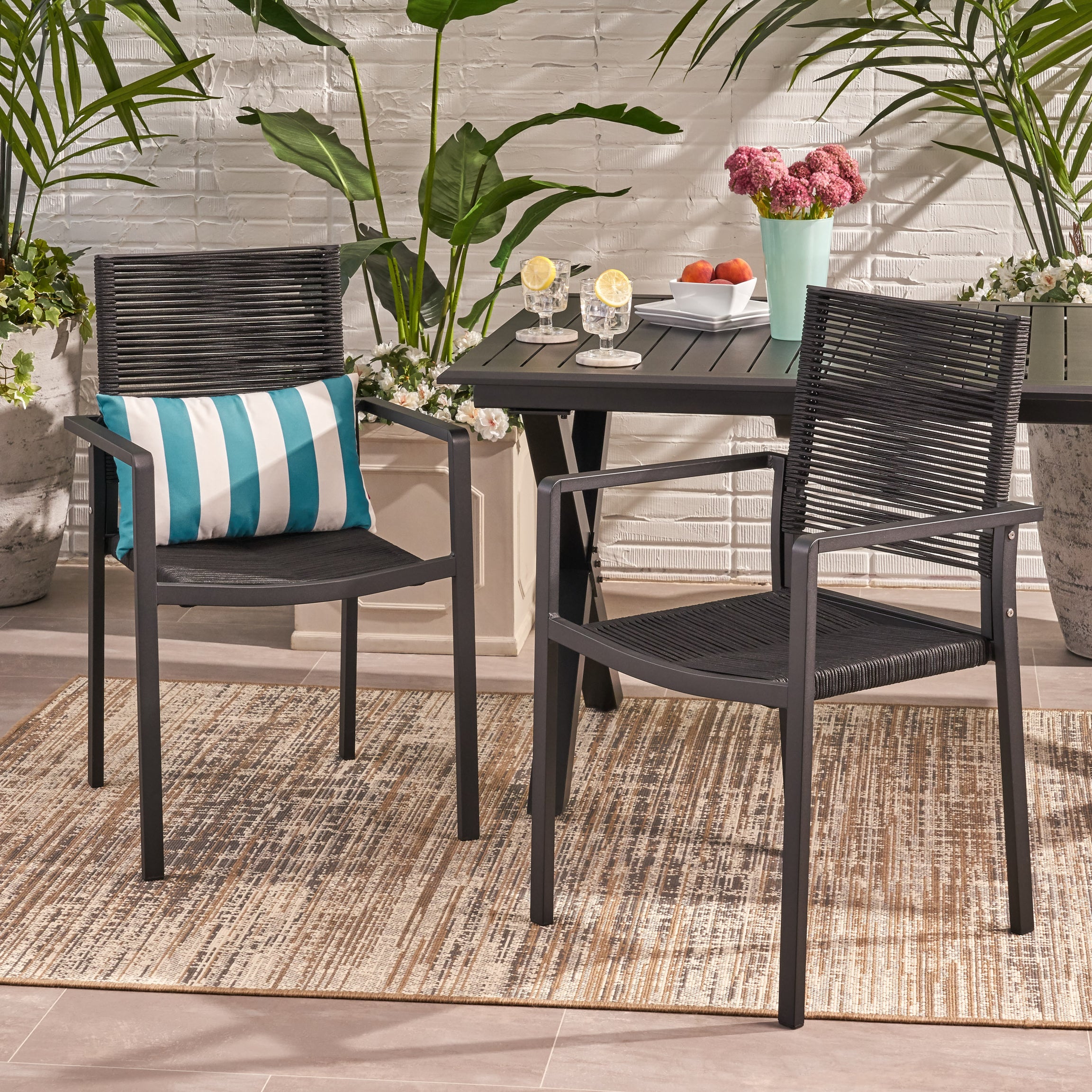 Outdoor Modern Aluminum Dining Chair with Rope Seat (Set of 2), Dark Gray and Black--1