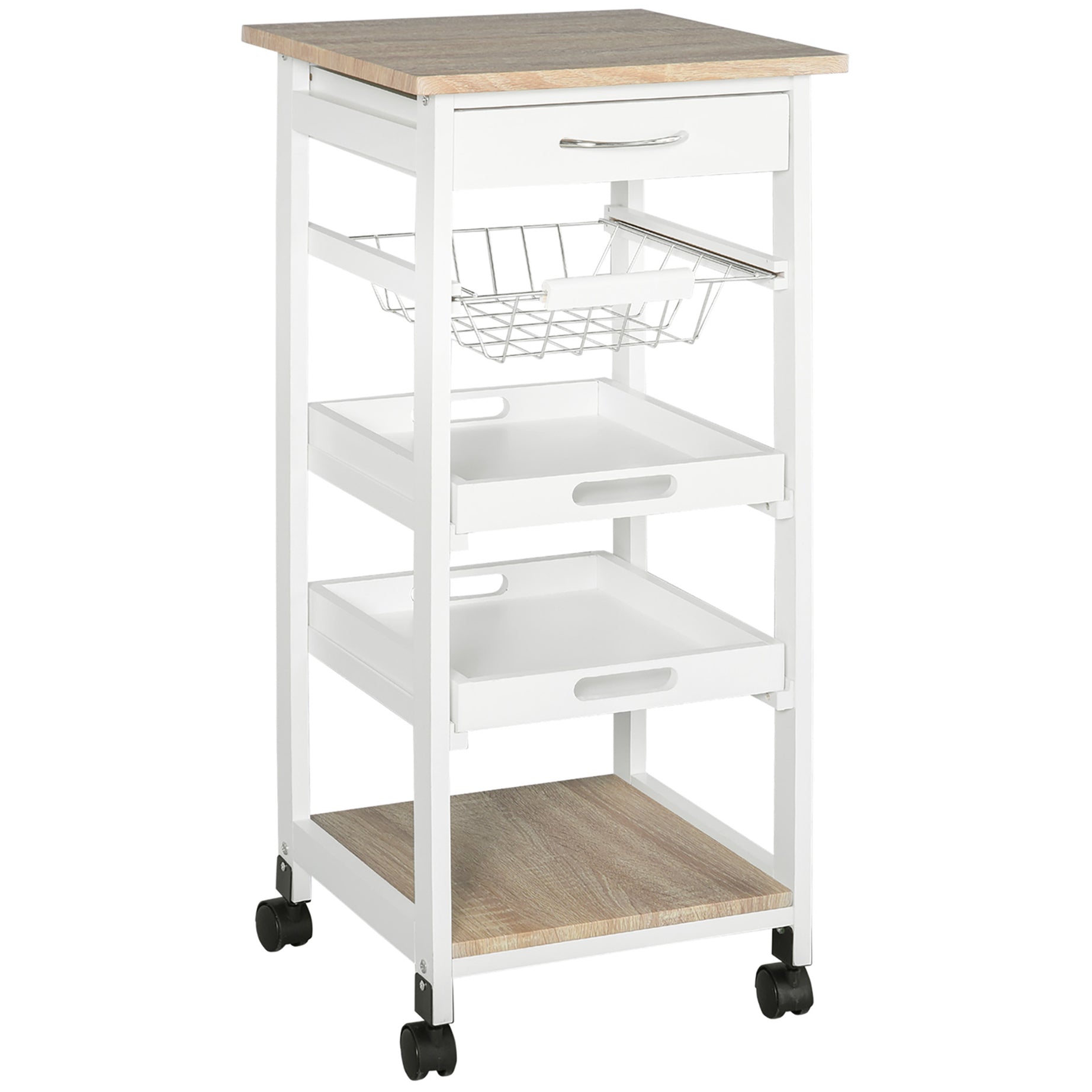 HOMCOM Mobile Kitchen Cart, Rolling Kitchen Island with Storage, Solid Wood Frame Utility Cart with Wire Fruit Baskets, Trays and Drawer, White--1