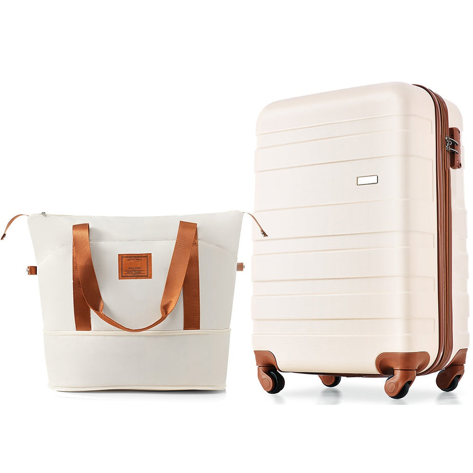 20-Inch Carry-On Luggage with Expandable Travel Bag Set, ABS Hard Shell Two-piece suitcase set, ivory and brown--1