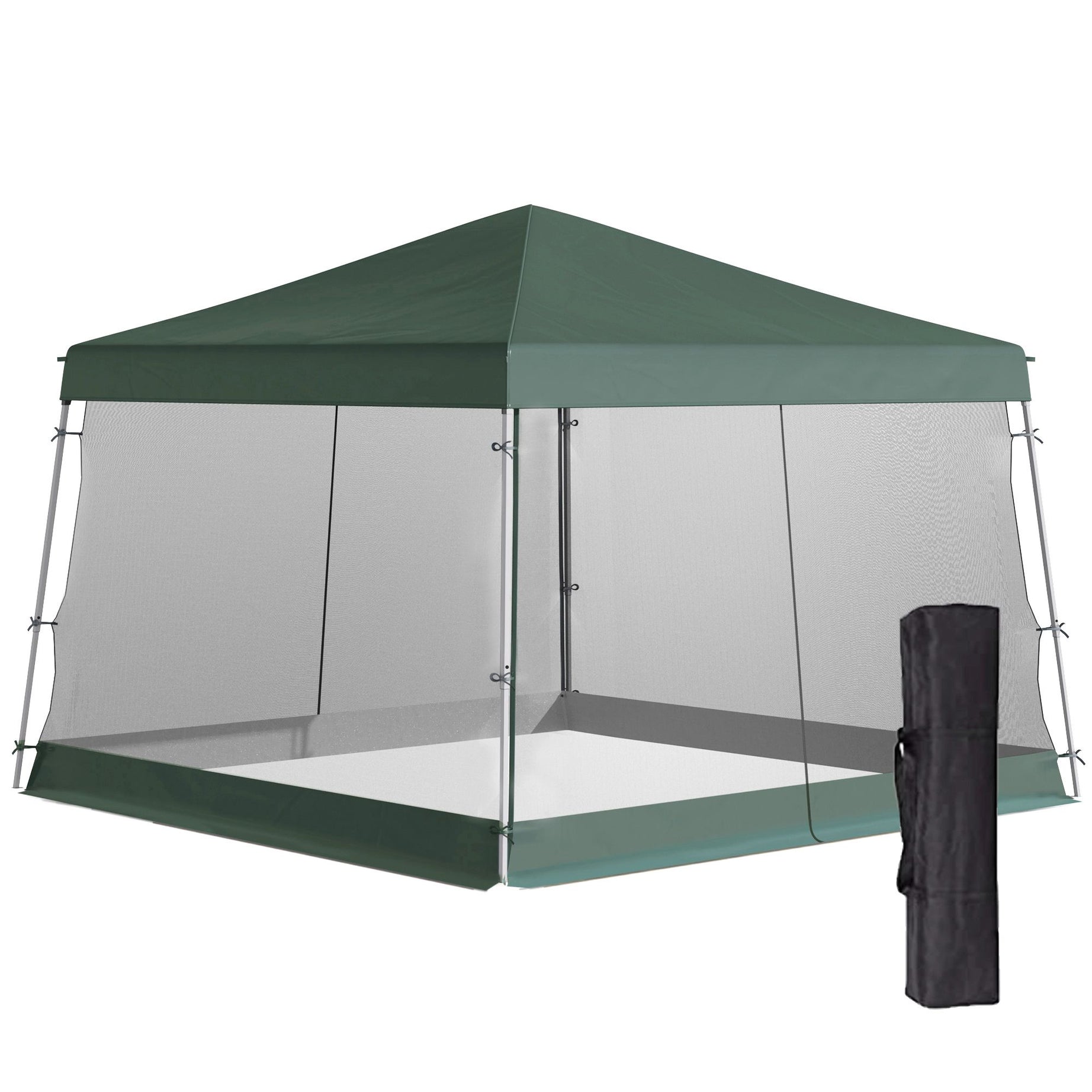 Outsunny Slant Leg Pop Up Canopy Tent with Netting and Carry Bag, Instant Sun Shelter, Tents for Parties, Height Adjustable, for Outdoor, Garden, Patio, (11.5'x11.5' Base / 10'x10' Top), Green--1