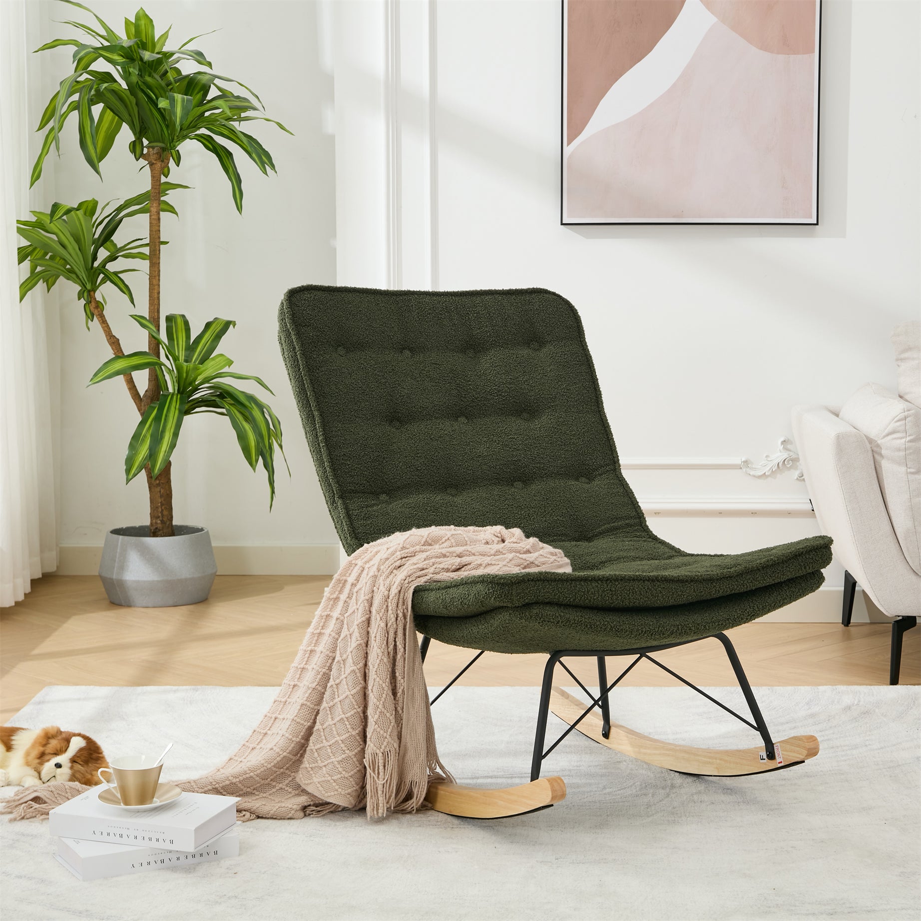 Lazy Rocking Chair,Comfortable Lounge Chair with Wide Backrest and Seat Wood Base, Upholstered Armless Rocker Chair for Living room, Balcony,Bedroom and Patio Porch. (DARK GREEN)--1