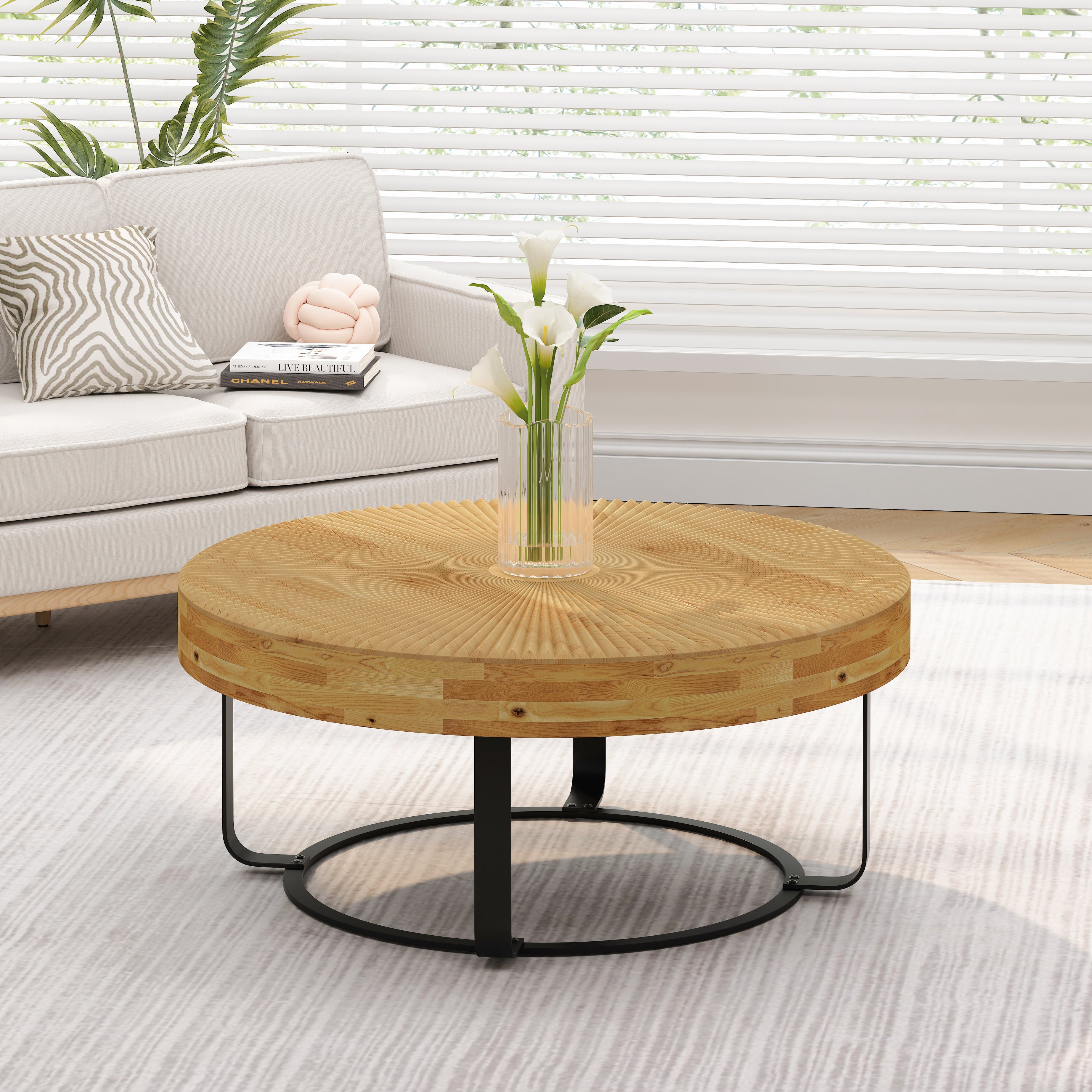 Modern Round Coffee Table Wooden Carving Pattern Coffee Table with Metal Legs for Living Room Reception Room Office ,Black--1