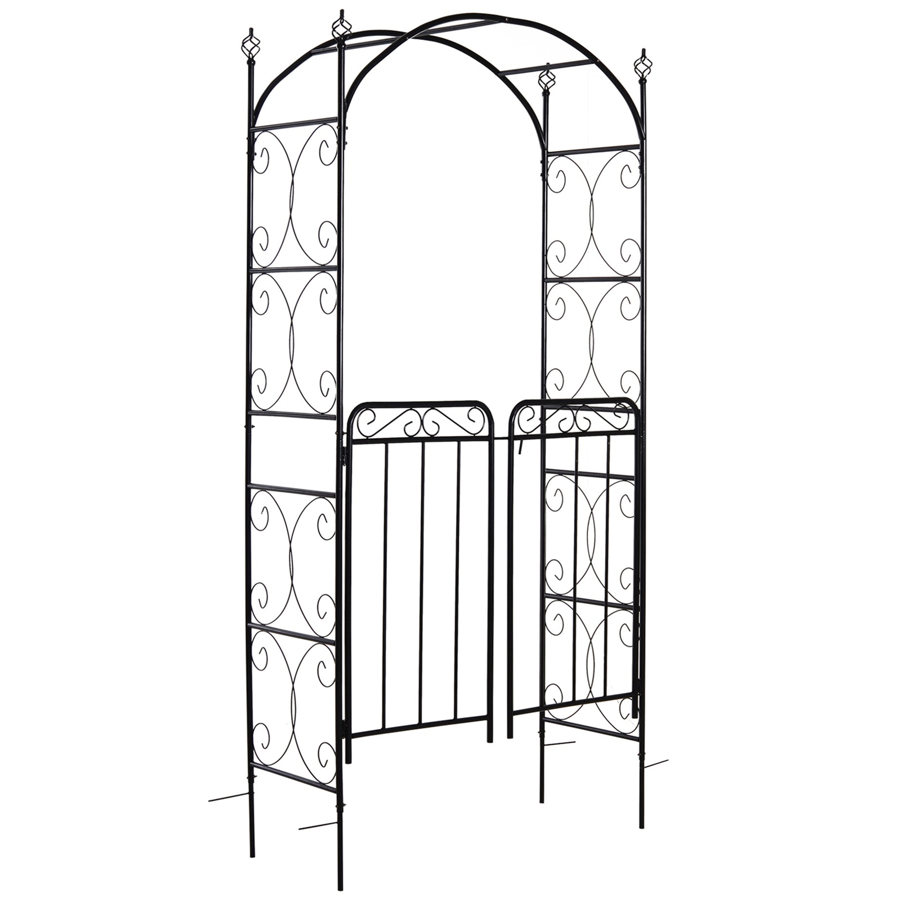 Outsunny 84" Garden Arch Arbor with Gate, Metal Arch Trellis, Garden Archway for Climbing Vines, Wedding Ceremony Decoration, Flourishes & Arrow Tips, Black--1