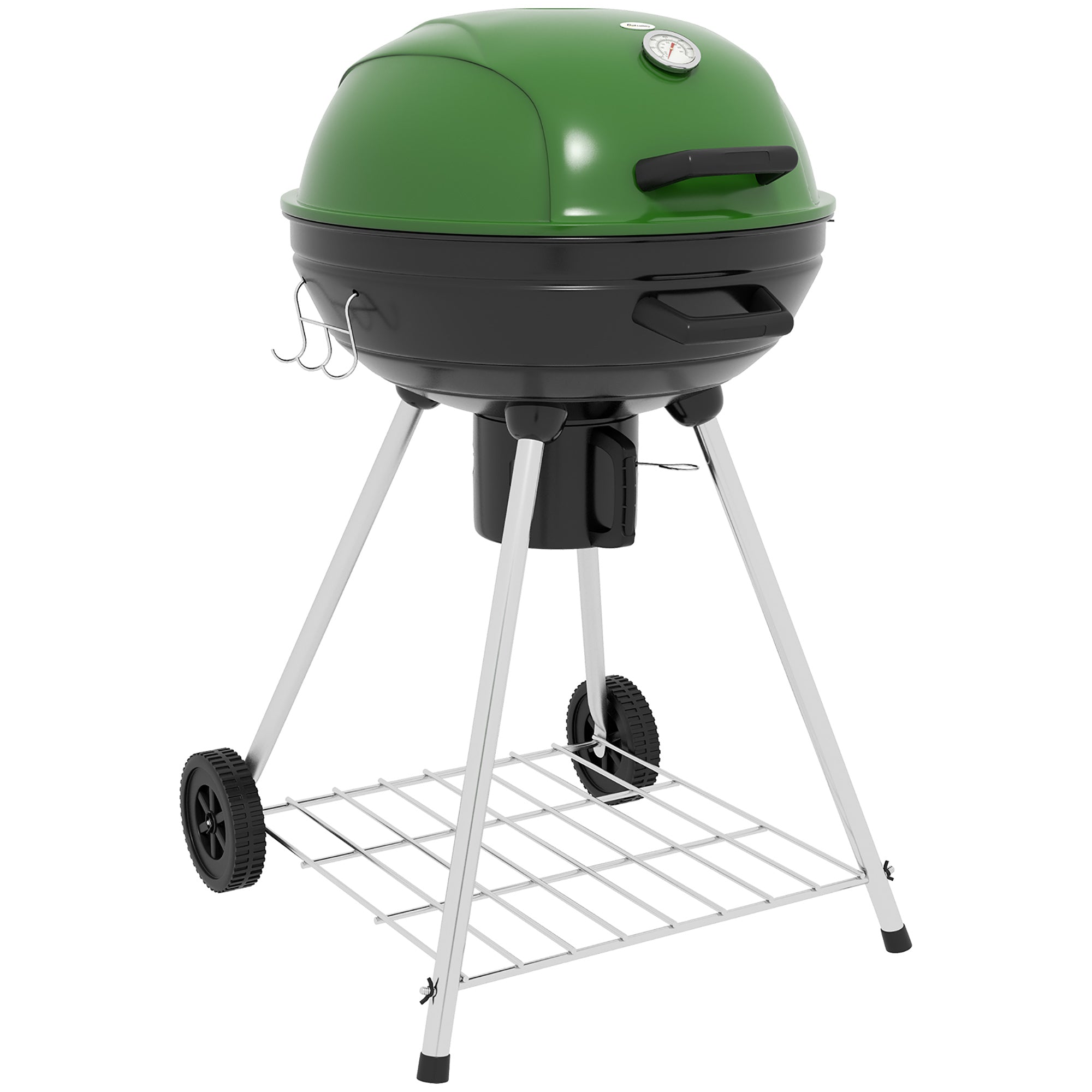 Outsunny 21" Kettle Charcoal BBQ Grill Trolley with 360 sq.in. Cooking Area, Outdoor Barbecue with Shelf, Wheels, Ash Catcher and Built-in Thermometer for Patio, Backyard Party, Green--1