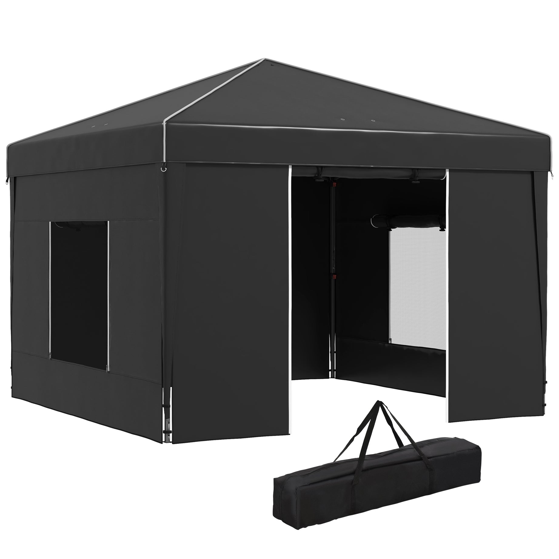 Outsunny 9.7' x 9.7' Pop Up Canopy with Sidewalls, Portable Canopy Tent with 2 Mesh Windows, Reflective Strips, Carry Bag for Events, Outdoor Party, Vendor Canopy, Black--1