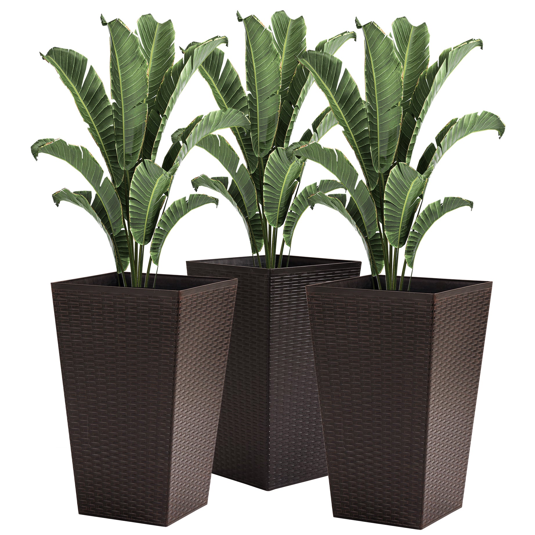 Outsunny Set of 3 Tall Planters with Drainage Hole, Outdoor Flower Pots, Indoor Planters for Porch, Front Door, Entryway, Patio and Deck, Brown--1