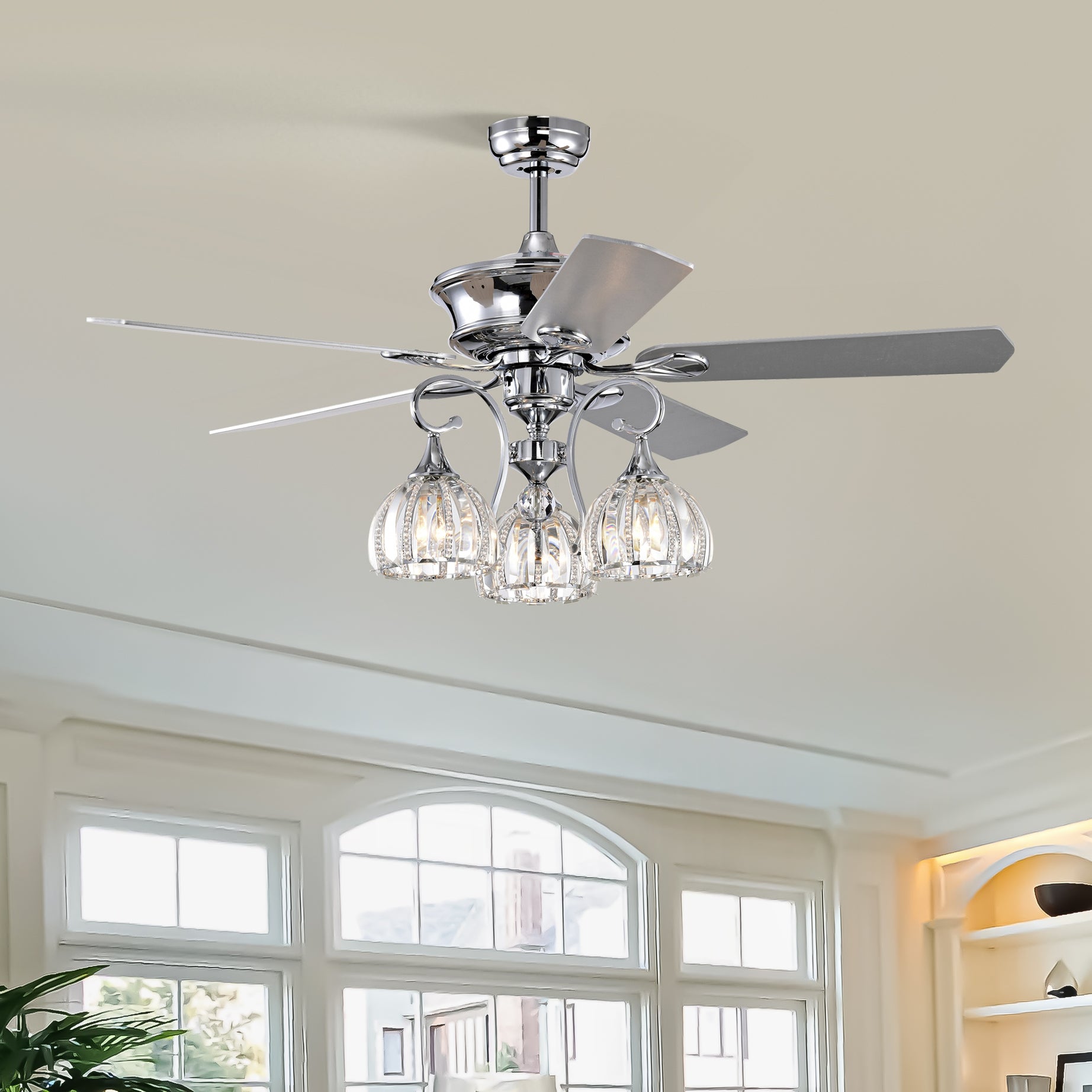 52''  Crystal Ceiling Fan Lamp With Remote Control  3 Speed (High, Mid, Low), 5 Reversible Blades for Living Room, Dining Room, Bedroom, Family Room, Chrome  ,3PCS*E26  (NO Include Bulb )--1