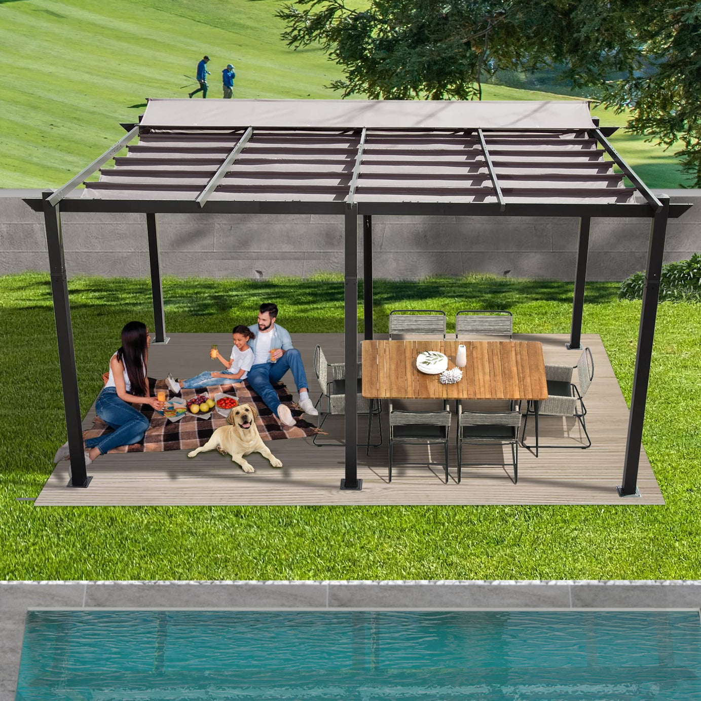 11 X 16 FT Outdoor Living Outdoor Retractable Pergola with Weather-Resistant Canopy Aluminum Garden Pergola Patio Grill Gazebo for Courtyard -Dark Gray--1