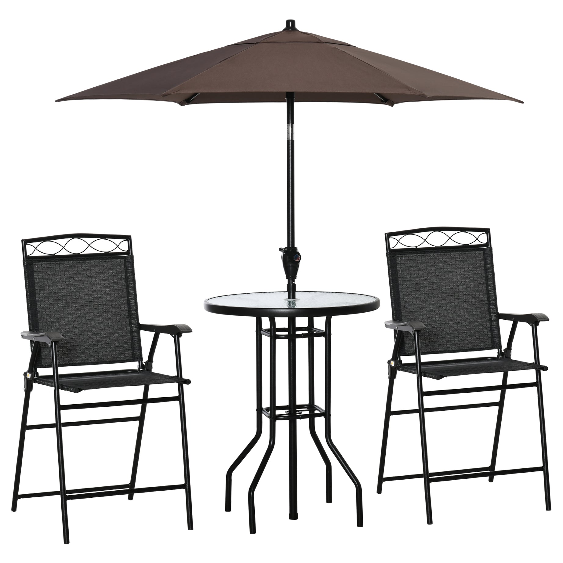 Outsunny 4 Piece Outdoor Patio Dining Furniture Set, 2 Folding Chairs, Adjustable Angle Umbrella, Wave Textured Tempered Glass Dinner Table, Black--1