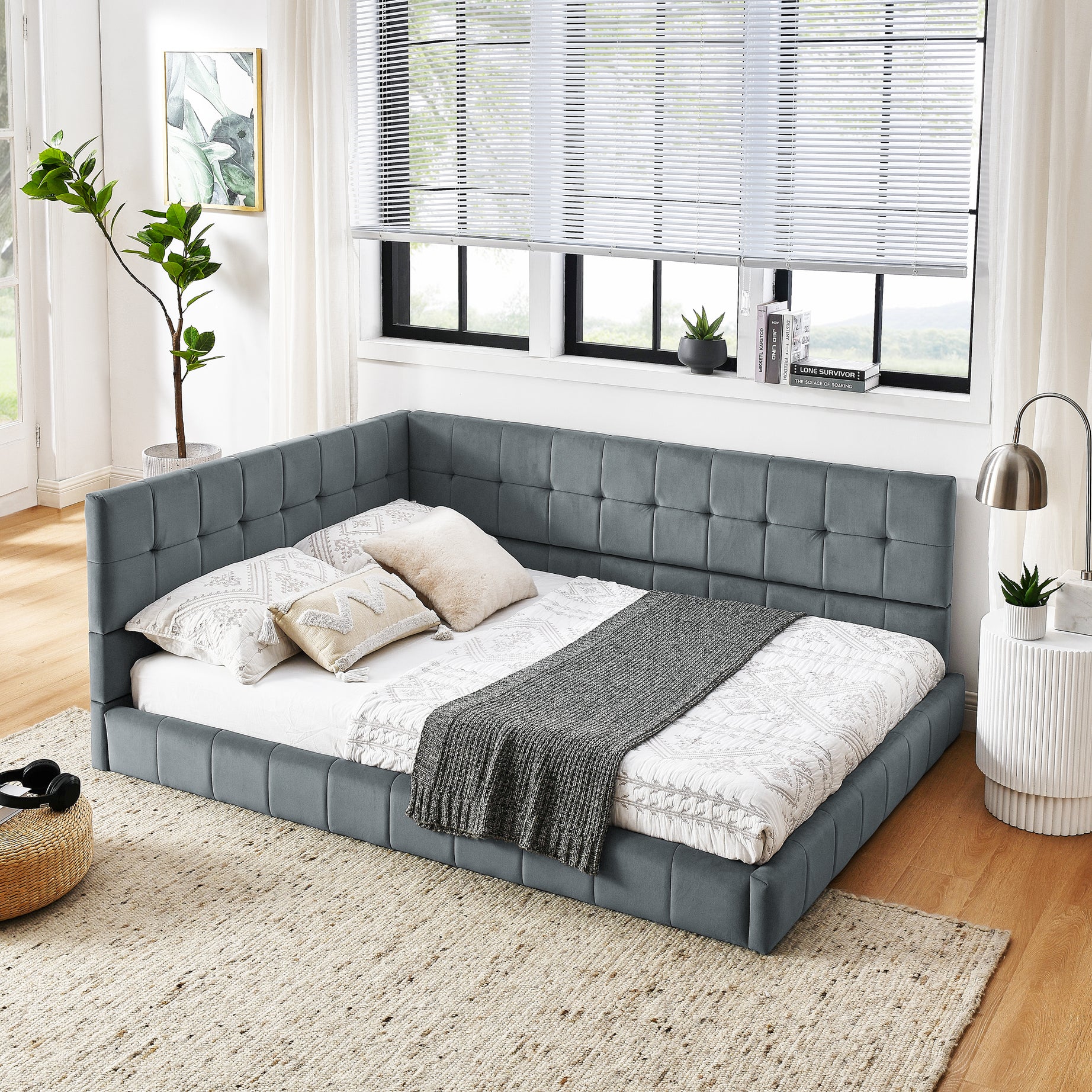 Full Size Upholstered Tufted Bed Frame, Sofa Bed Frame with Comfortable Backrest and Armrests, Full Size Bed for Bedroom, Living Room,Velvet, Grey(80.5''*59''*30.5'')--1