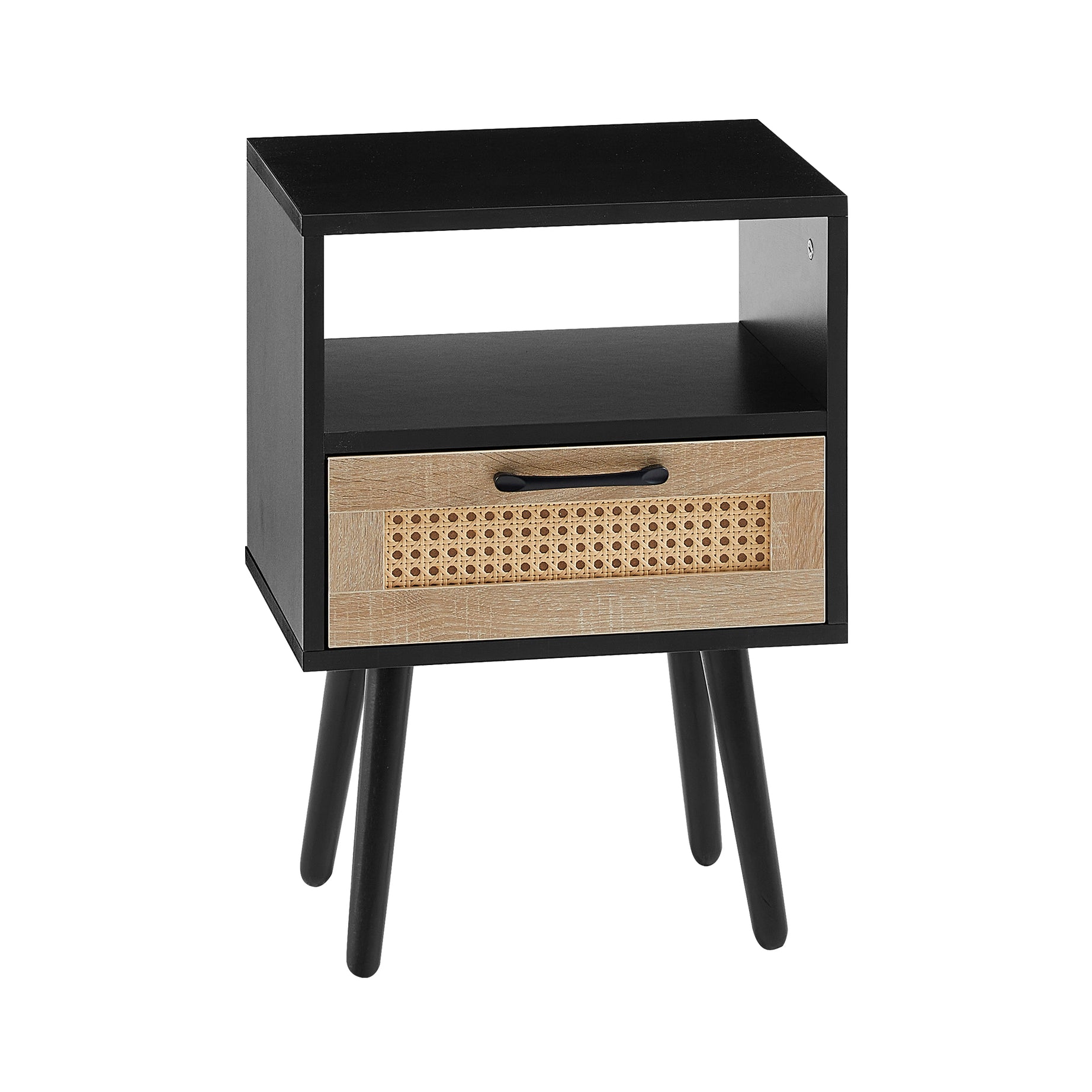 15.75" Rattan End table with drawer and solid wood legs, Modern nightstand, side table for living room, bedroom, black--1