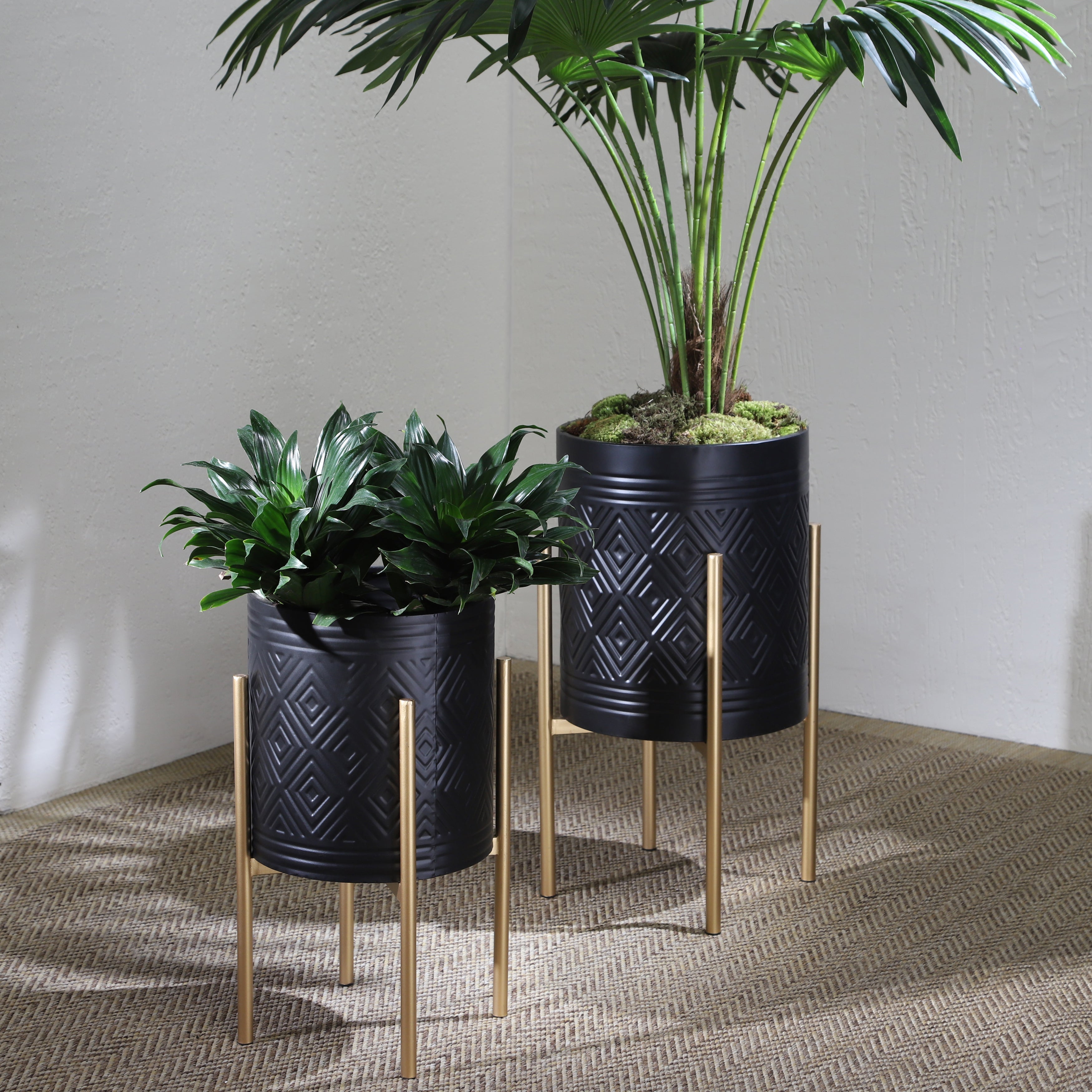 S/2 AZTEC PLANTER ON METAL STAND, BLACK/GOLD--1