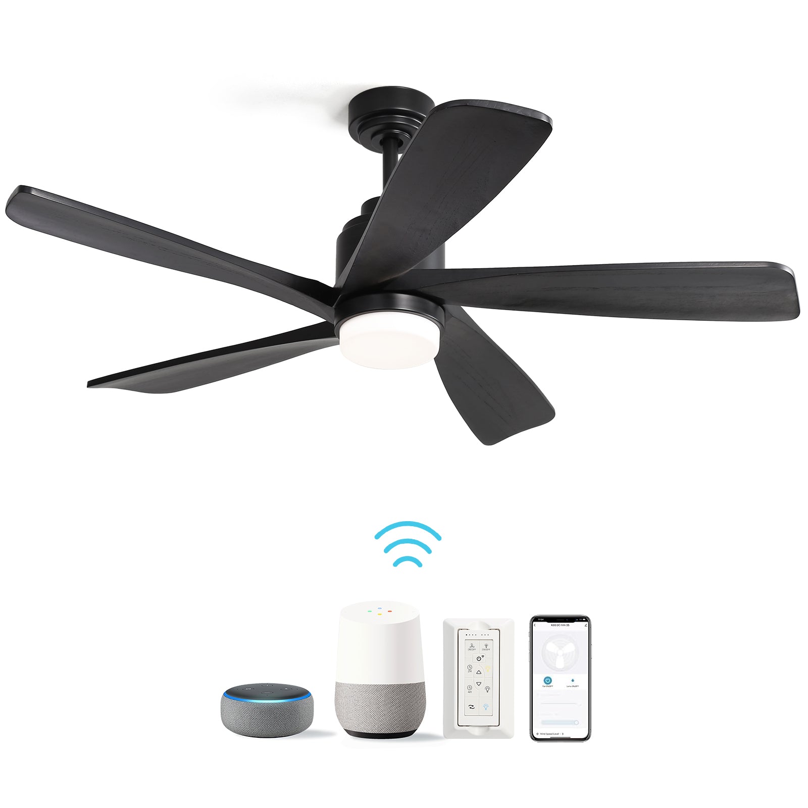 52 Inch Ceiling Fan With Dimmable LED Light 5 Solid Wood Blades Smart Remote Control Reversible DC Motor Ceiling Fan Black for Home--1