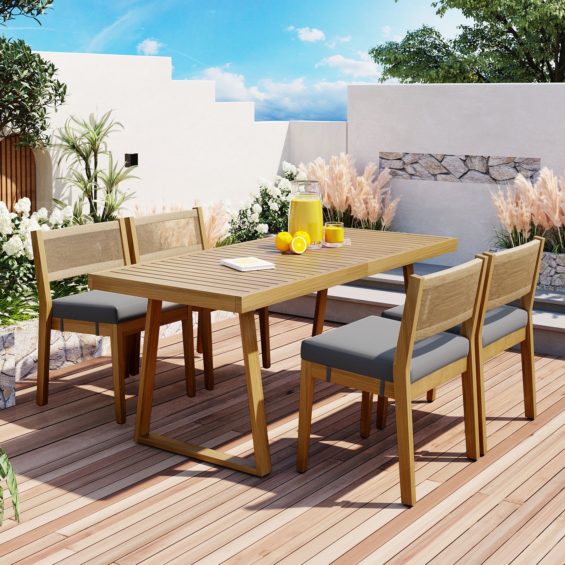 U_Style Multi-person Outdoor Acacia Wood Dining Table and Chair Set, Thick Cushions, Suitable for Balcony, Vourtyard, and Garden.--1