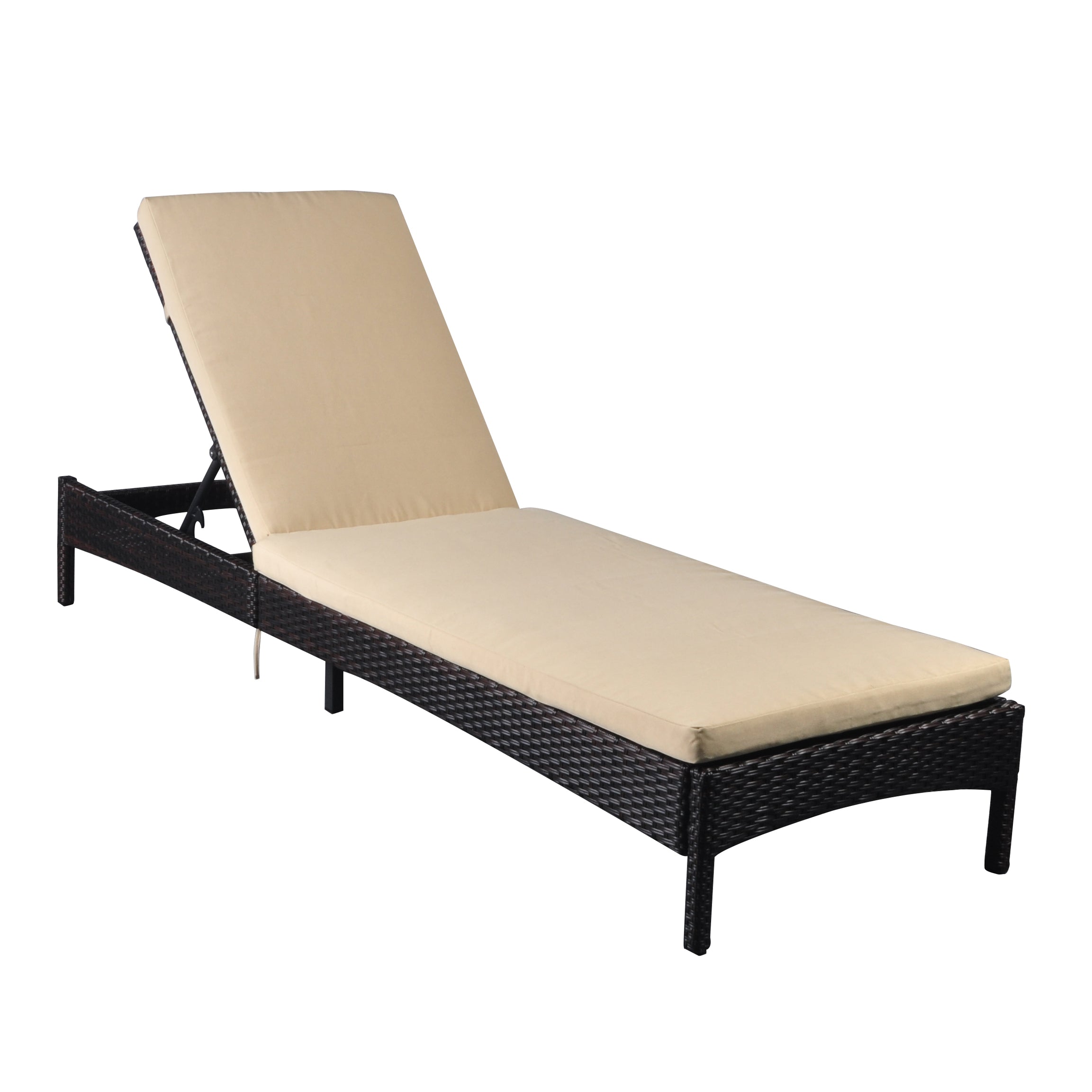 Adjustable Wicker Chaise Lounge Chair with Cushion, Patio Poolside Reclining Folding Backrest Lounge Chair,Khaki--1