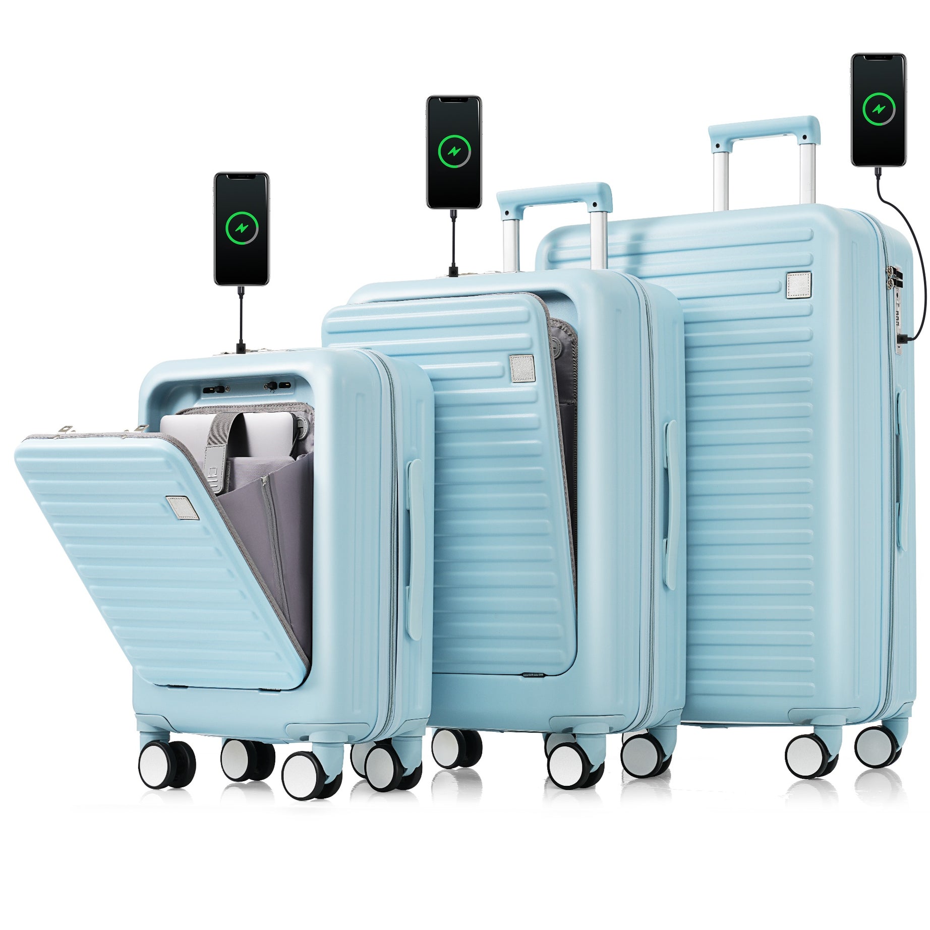 Luggage Set of 3, 20, 24, 28inch with USB Port, 20, 24inch with front opening design Airline Certified Carry on Luggage with Cup Holder, ABS Hard Shell Luggage with Spinner Wheels, light blue--1