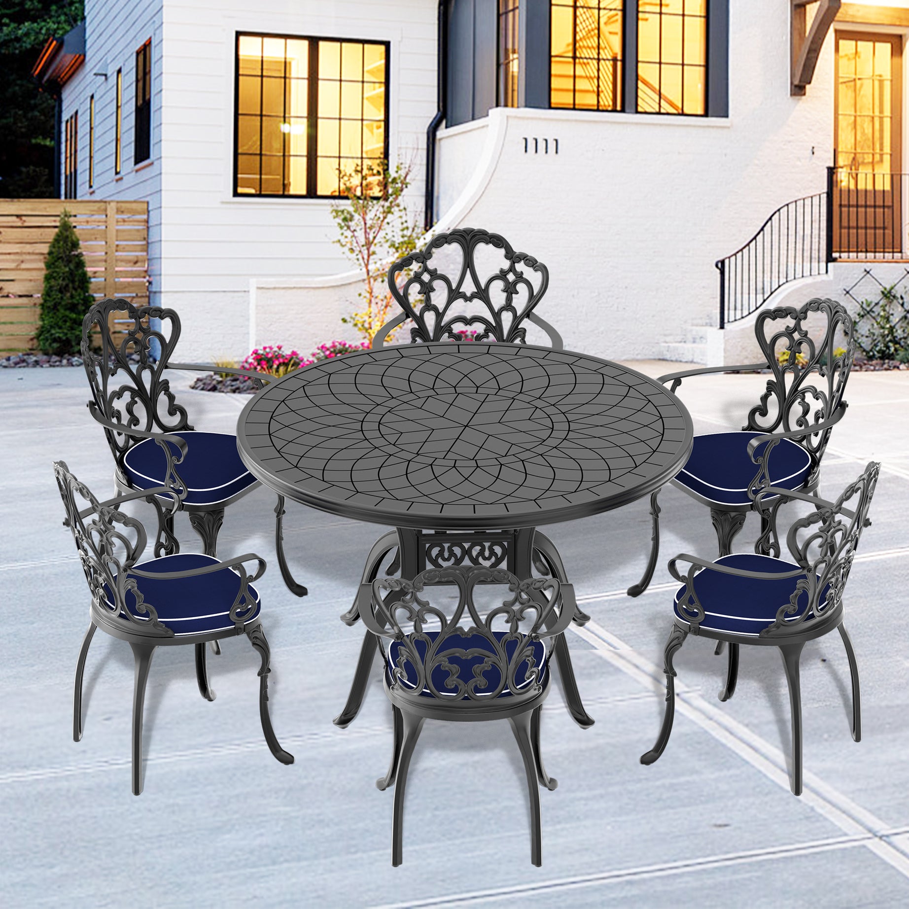 (Cushions In  Random Colors)7-Piece Set Of Cast Aluminum Patio Furniture With  Cushions--1