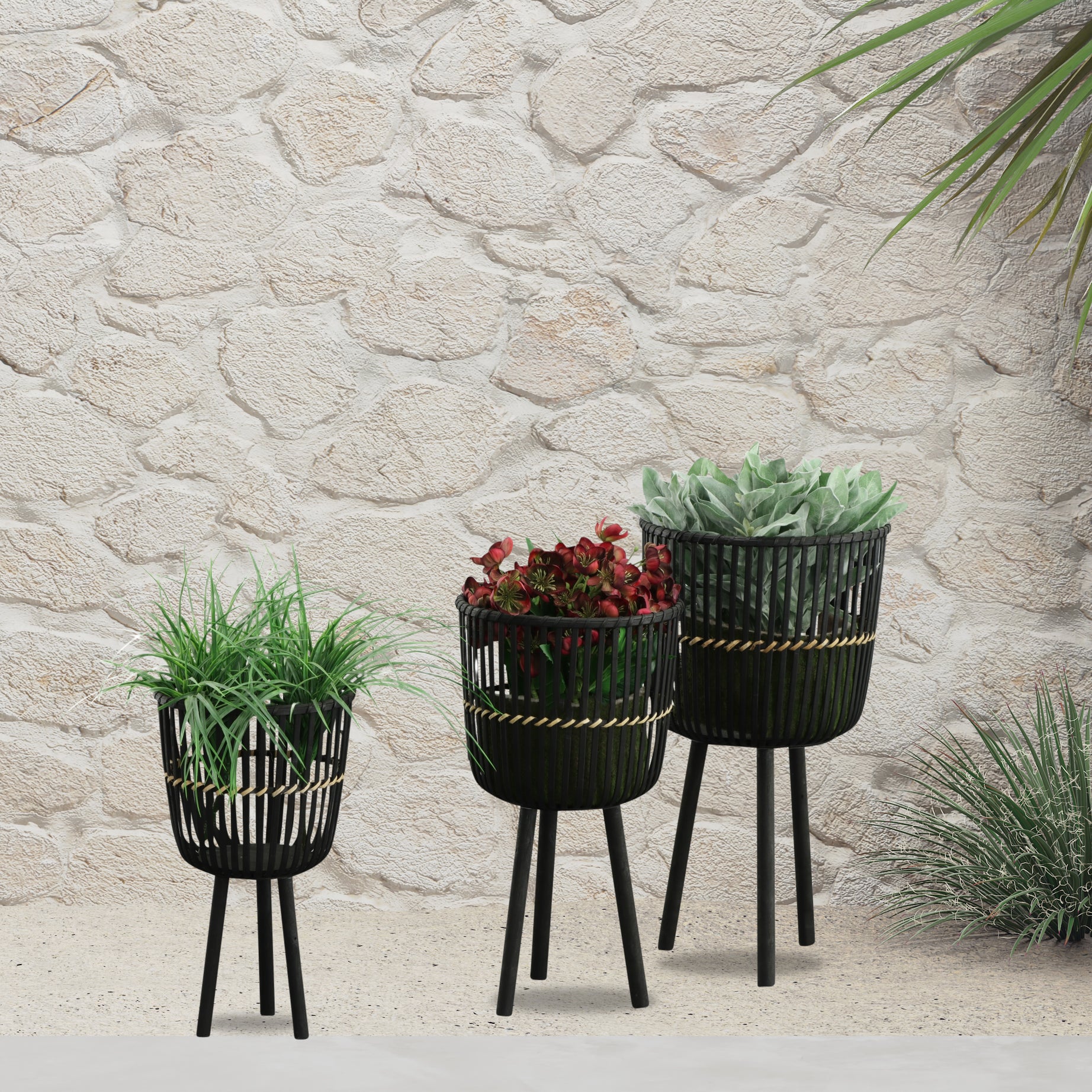 S/3 BAMBOO FOOTED PLANTERS 11/13/15", BLACK--1