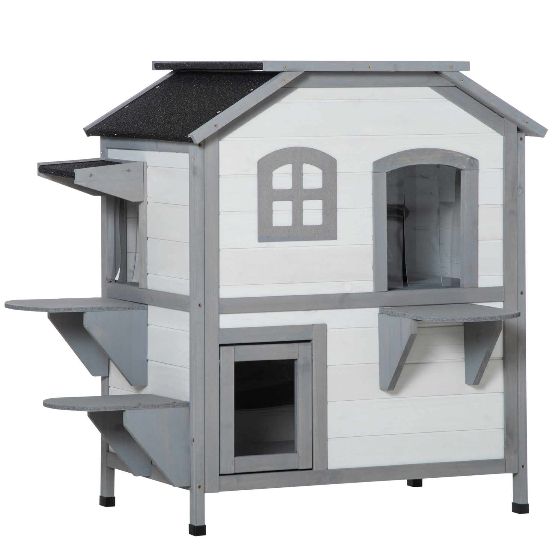 PawHut 2-story Cat House Outdoor, Weatherproof Wooden Cat Enclosure for Feral Cats with Escape Door, Openable Roof, Jumping Platforms, White--1