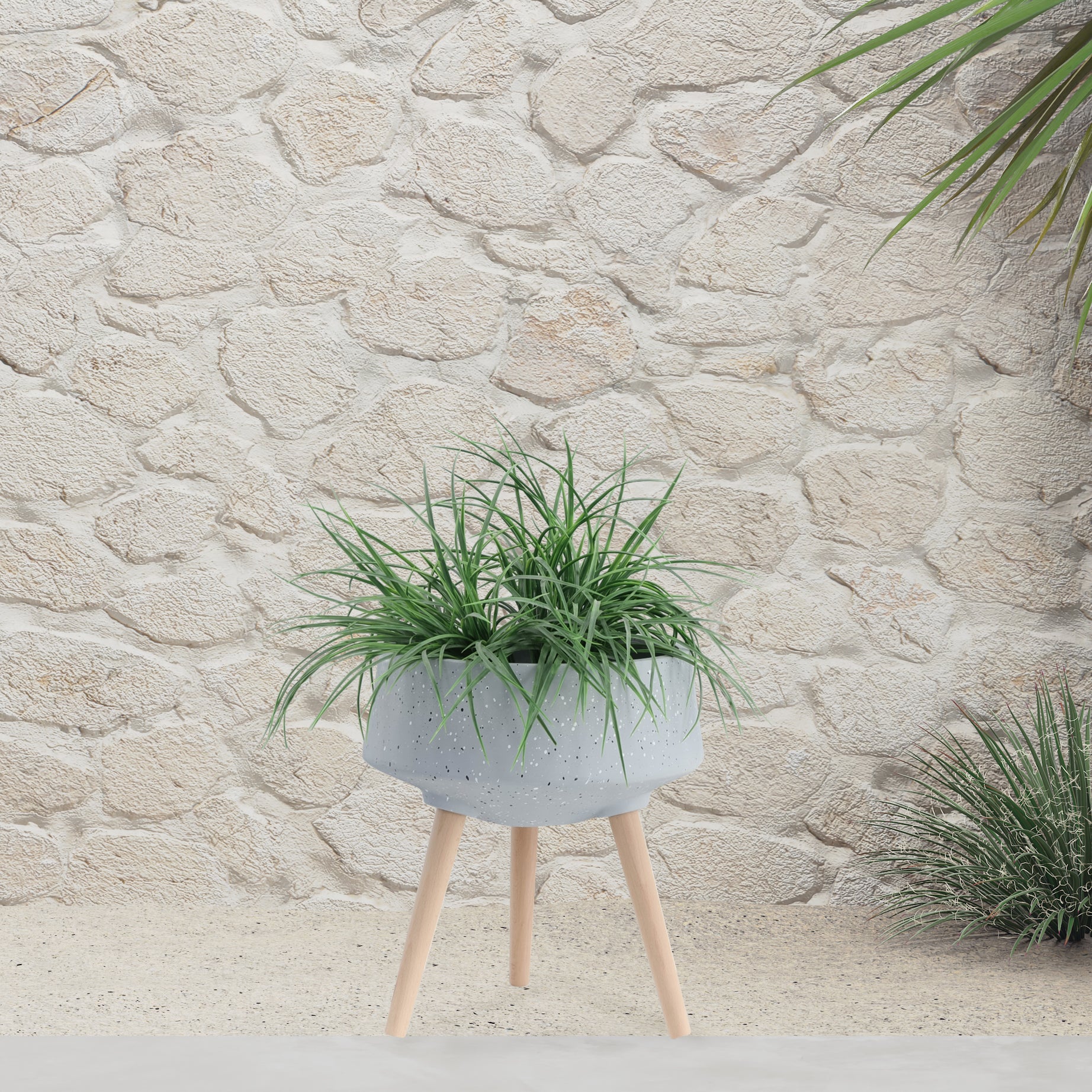 S/2 11/15" TERRAZZO PLANTER W/ WOOD LEGS,  GRAY--1