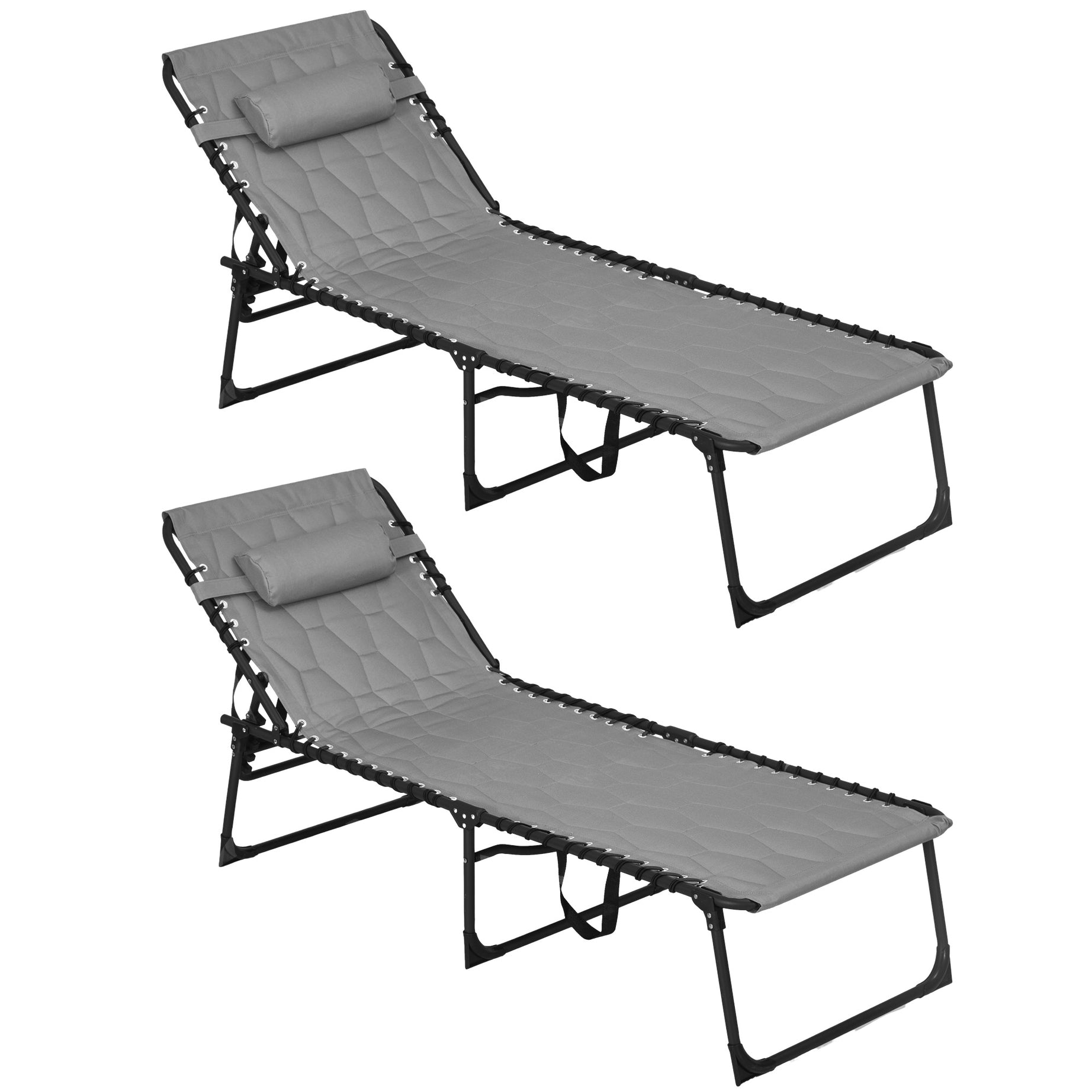 Outsunny Folding Chaise Lounge Set with 5-level Reclining Back, Outdoor Lounge Tanning Chair with Padded Seat, Side Pocket & Headrest for Beach, Yard, Patio, Gray--1