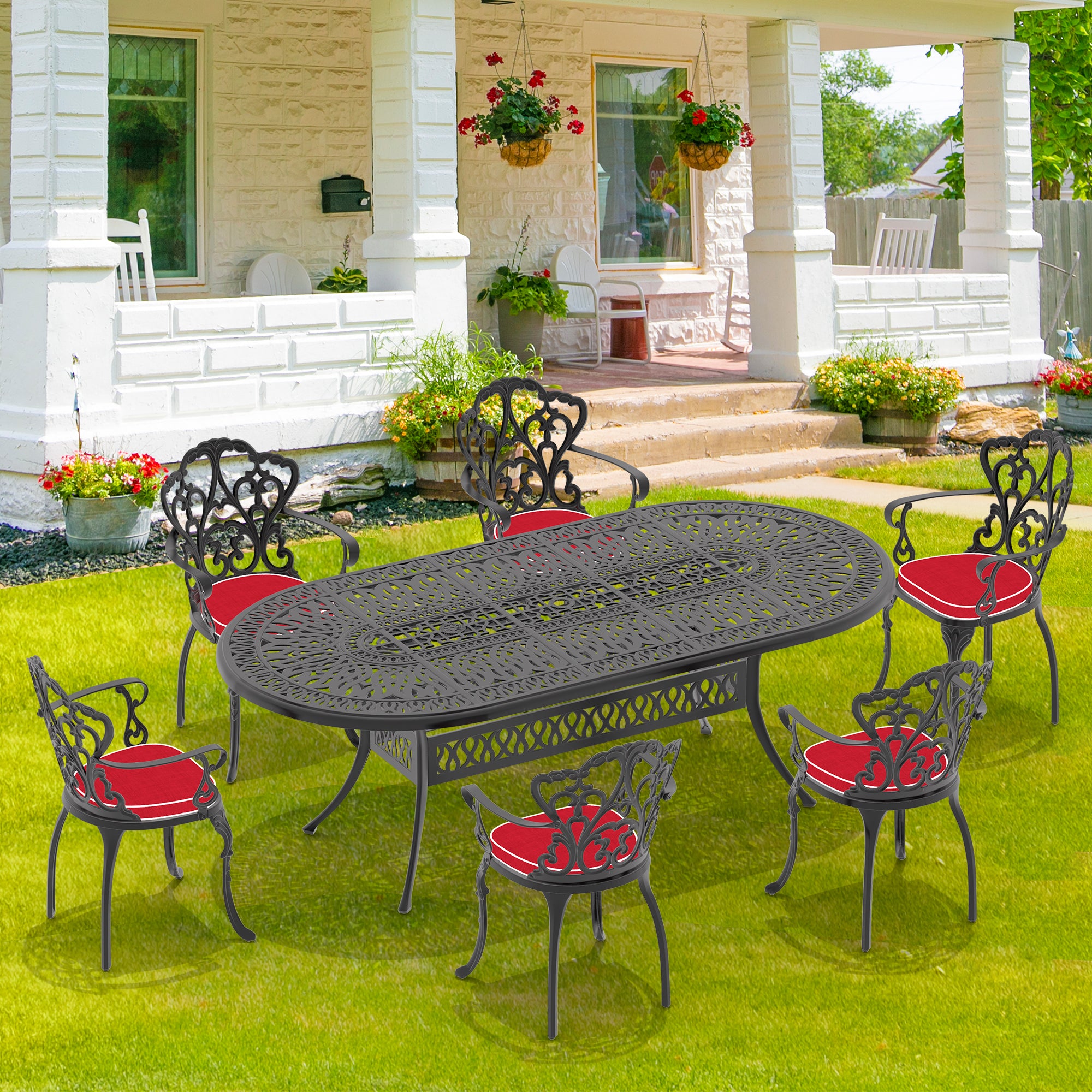 (Cushions In  Random Colors)7-Piece Set Of Cast Aluminum Patio Furniture With  Cushions--1