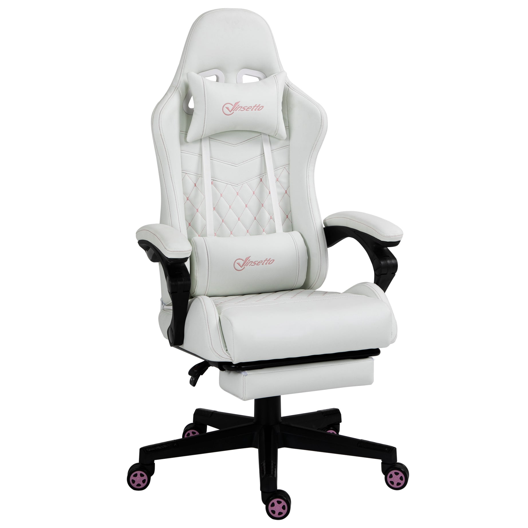 Vinsetto High Back PU Leather Gaming Chair, Racing Computer Chair with Swivel Wheels, Retractable Footrest, Headrest, Lumbar Support, and Armrest, White and Pink--1