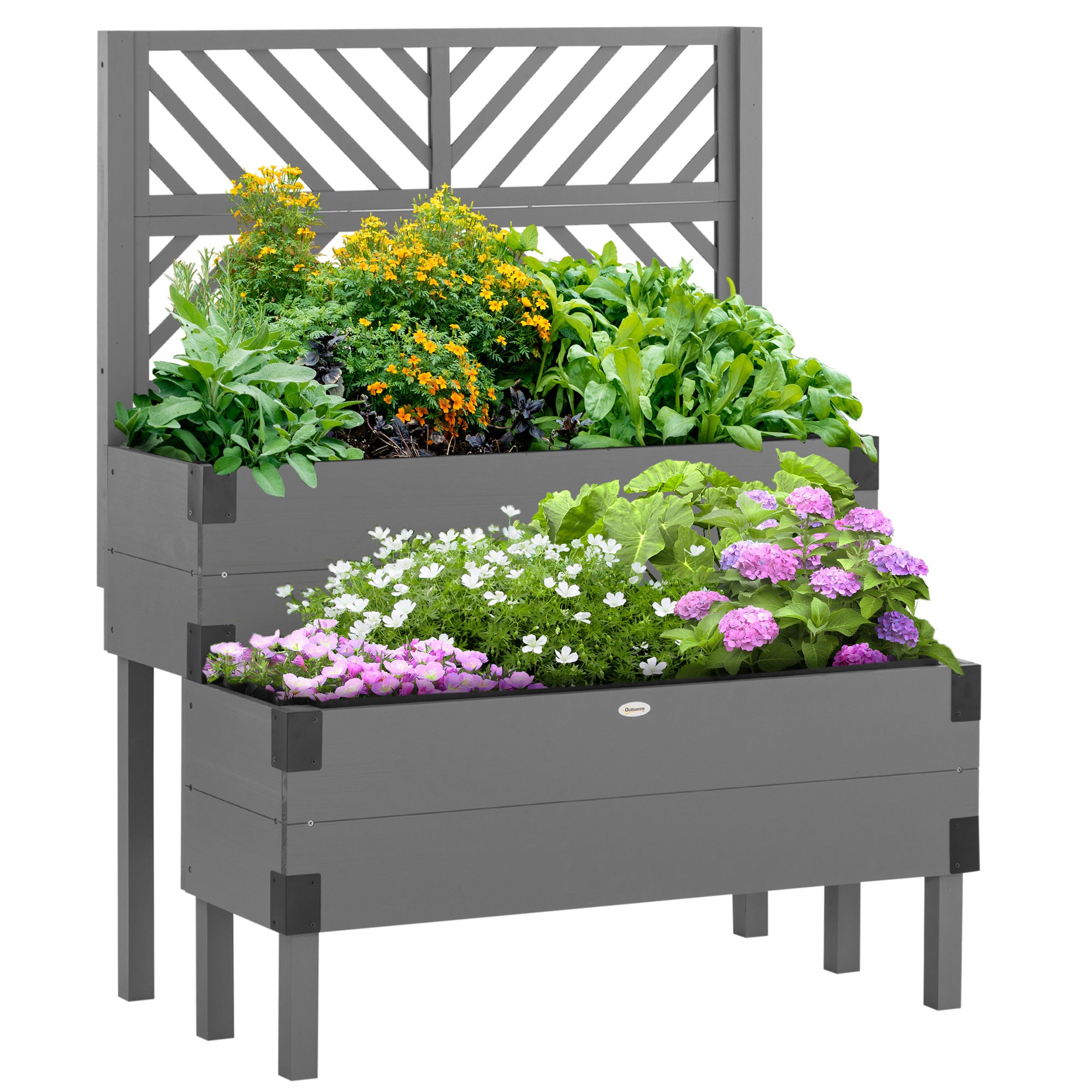 Outsunny Raised Garden Bed with Trellis, 2 Tier Wooden Elevated Planter Box with Legs and Metal Corners, for Vegetables, Flowers, Herbs, Gray--1