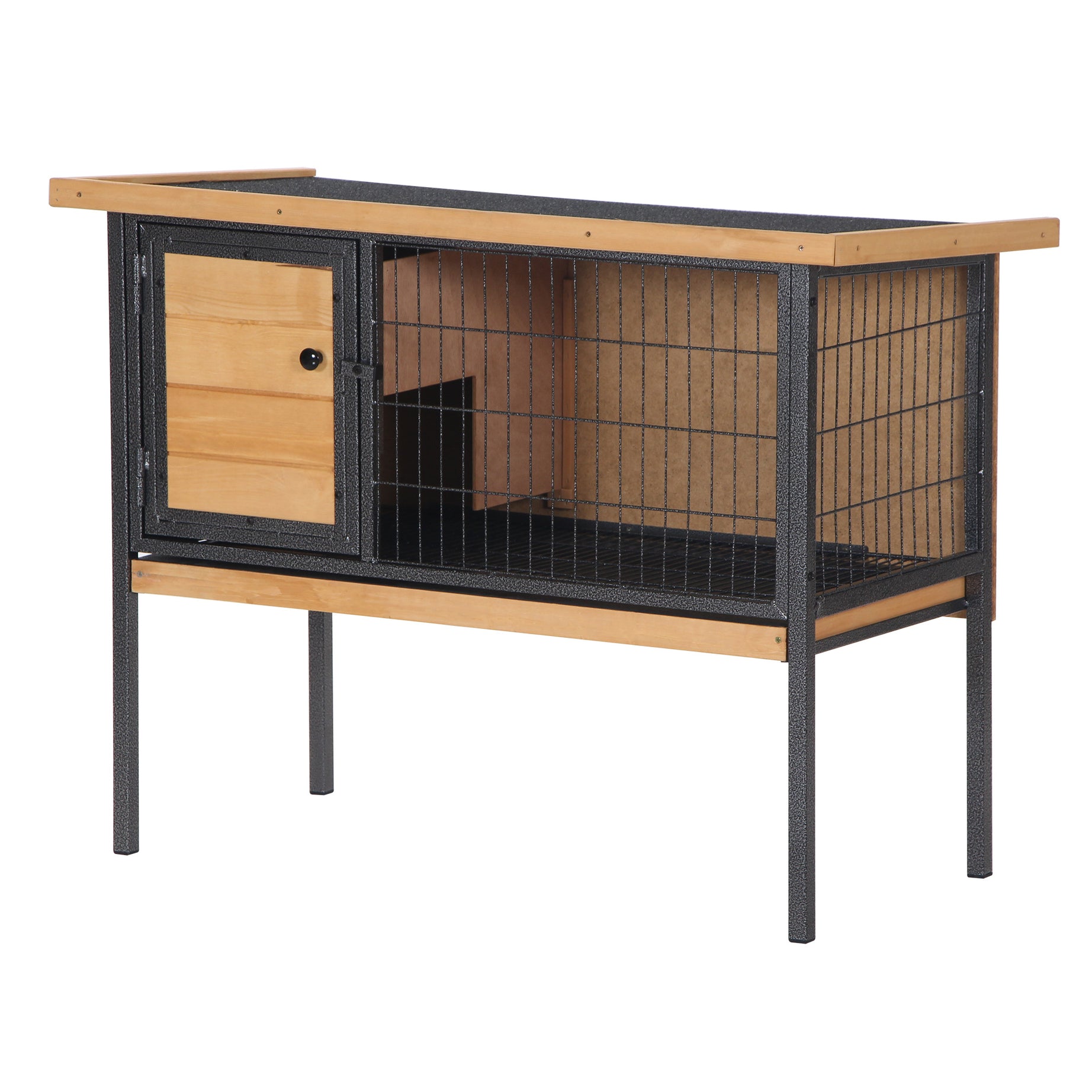 PawHut Rabbit Hutch Elevated Bunny Cage Small Animal Habitat with Metal Frame, No Leak Tray, Mtetal Wire Pan and Openable Water-Resistant Asphalt Roof for Indoor/Outdoor Natural Wood--1