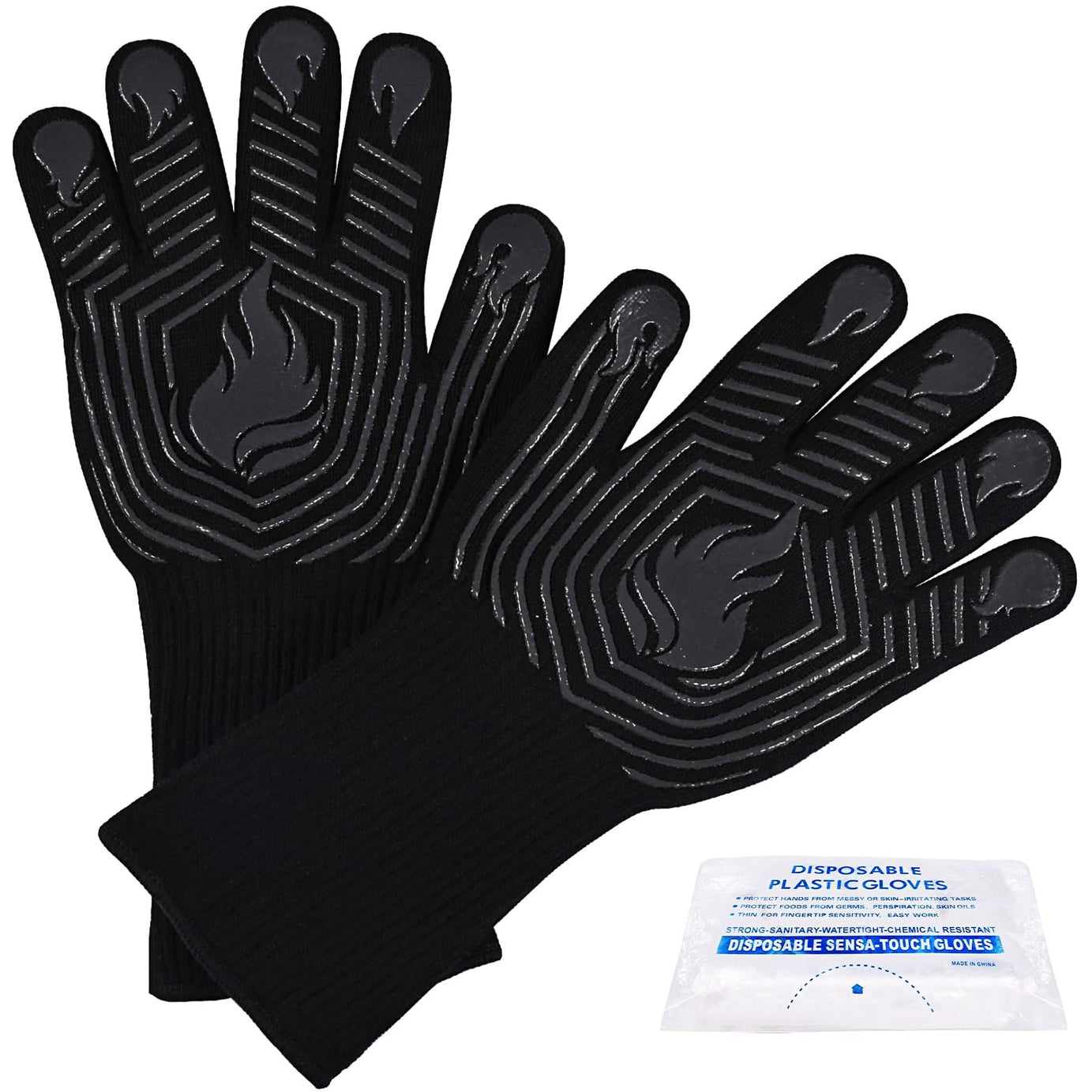 BBQ Gloves, 1472°F Heat Resistant Fireproof Mitts, Silicone Non-Slip Washable Oven Kitchen Gloves for Barbecue, Grilling, Cooking, Baking, Camping, Smoker (Black)--1