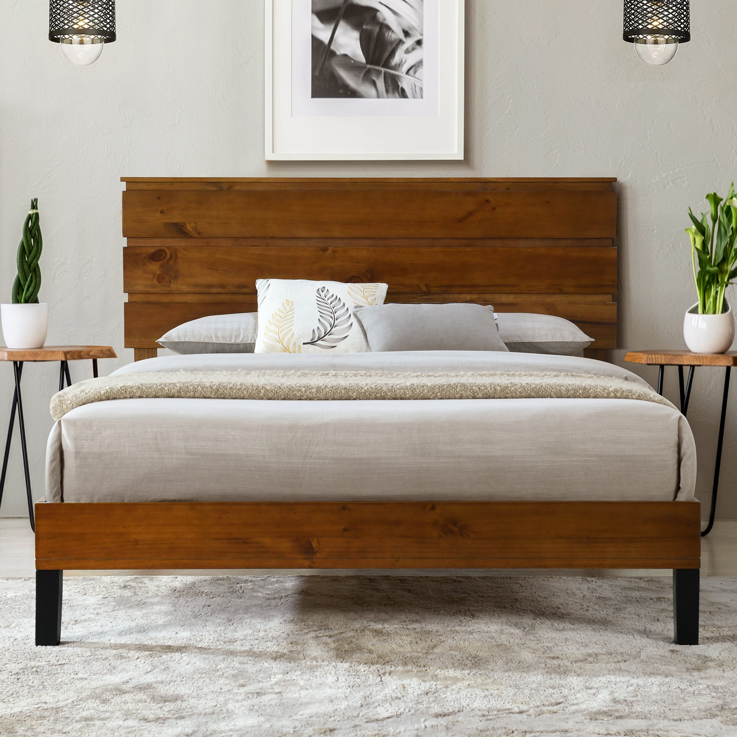 Mid-Century Modern Solid Wood Bed Frame Full Size Platform Bed with Three-Piece Headboard Design, No Box Spring Needed, Brown--1