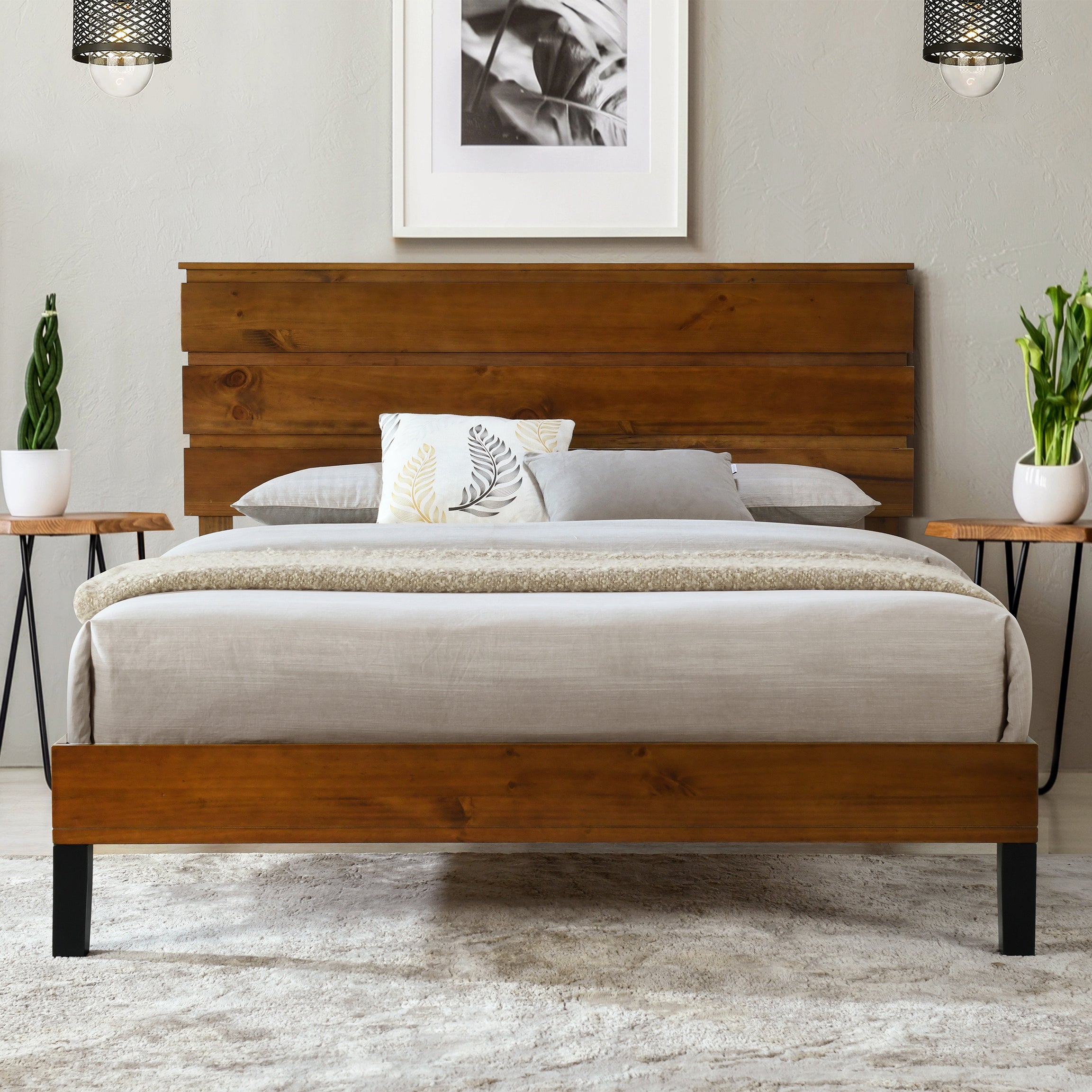 Mid-Century Modern Solid Wood Bed Frame King Size Platform Bed with Three-Piece Headboard Design, No Box Spring Needed, Brown--1