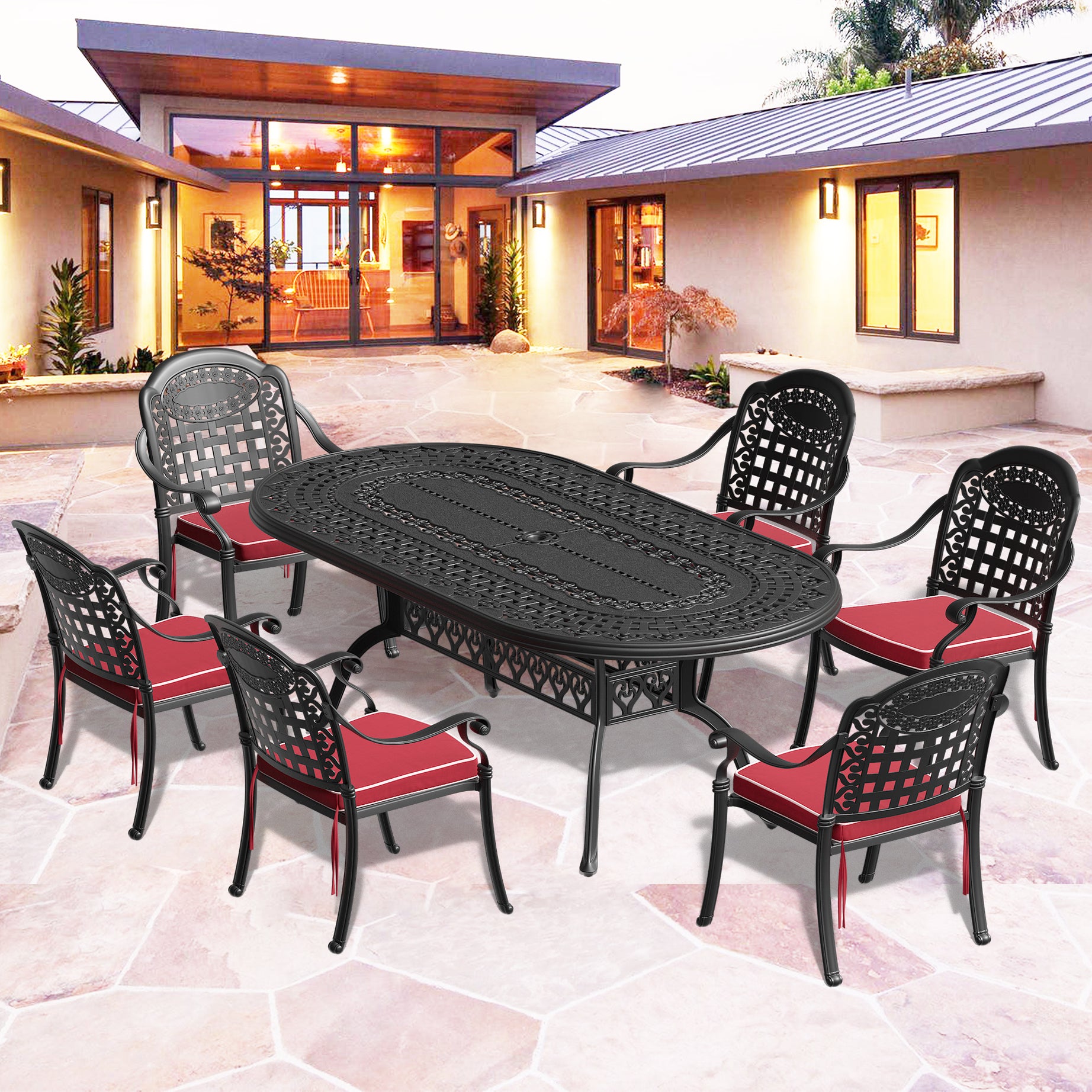 (Cushions In  Random Colors)7-Piece Set Of Cast Aluminum Patio Furniture With  Cushions--1